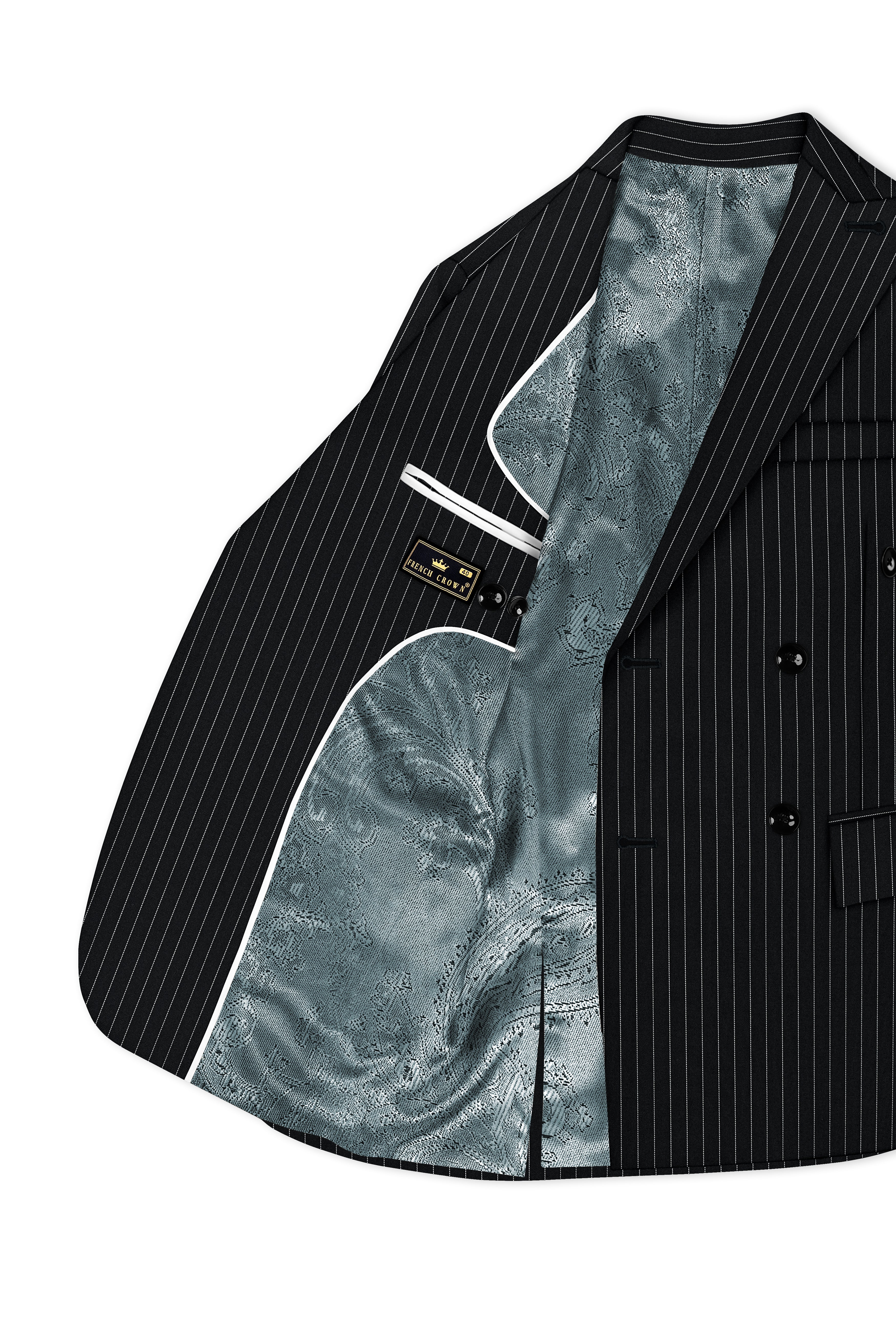Strivon-Jade Black And Bright White Chalk Striped Wool Rich Slight Stretch Double Breasted Blazer