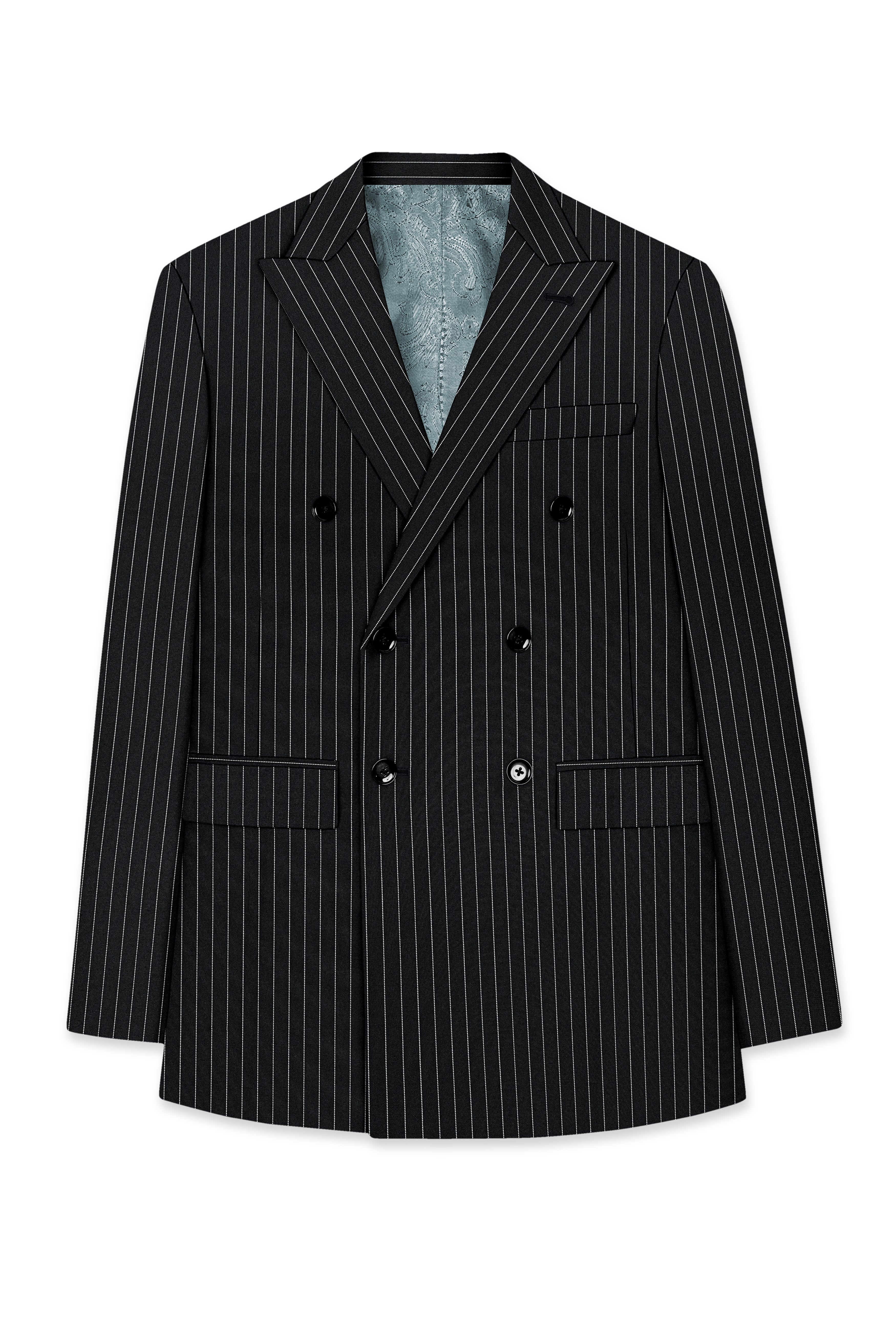 Strivon-Jade Black And Bright White Chalk Striped Wool Rich Slight Stretch Double Breasted Blazer