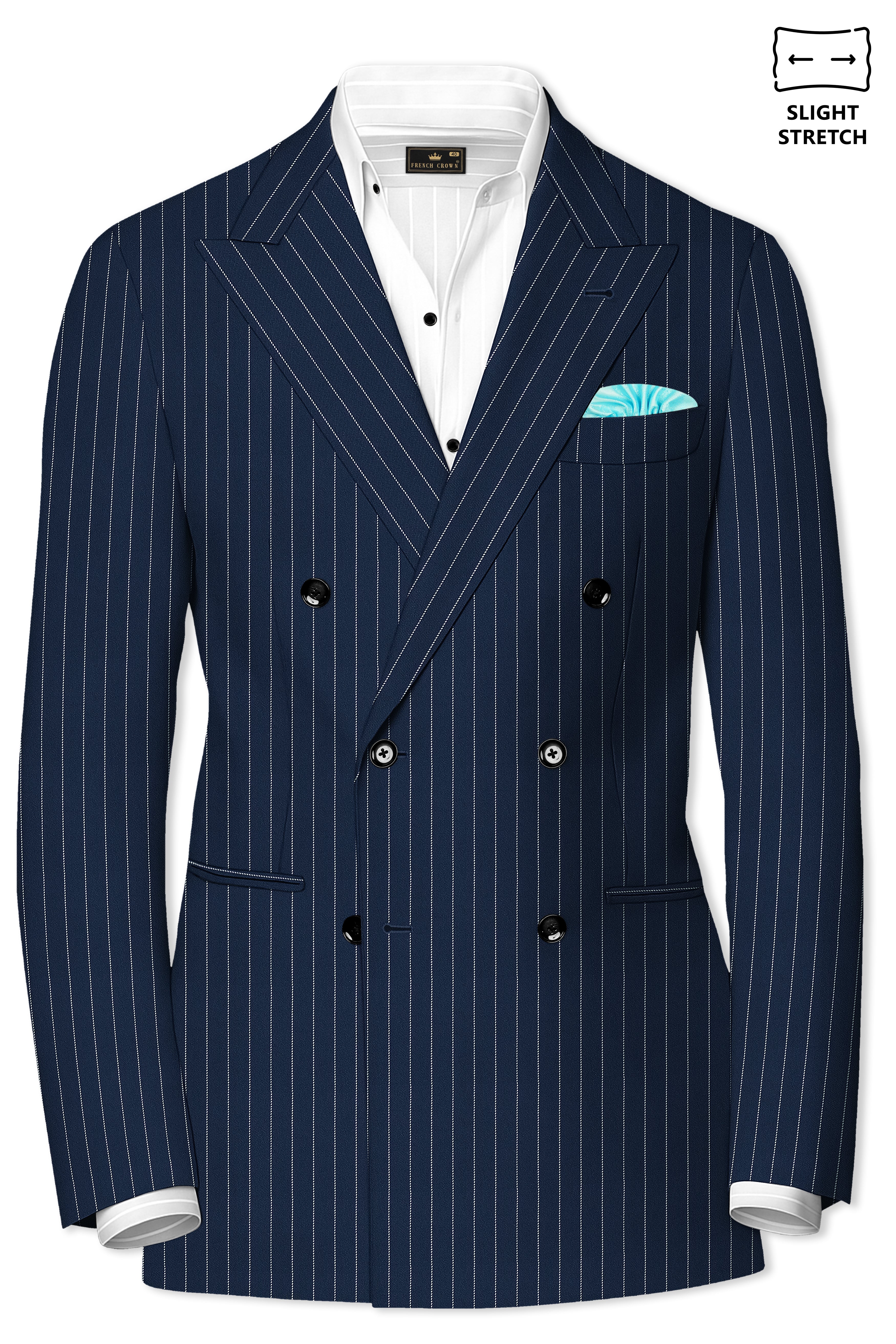 Veritus-Zodiac Blue And Bright White Chalk Striped Wool Rich Slight Stretch Double Breasted Blazer