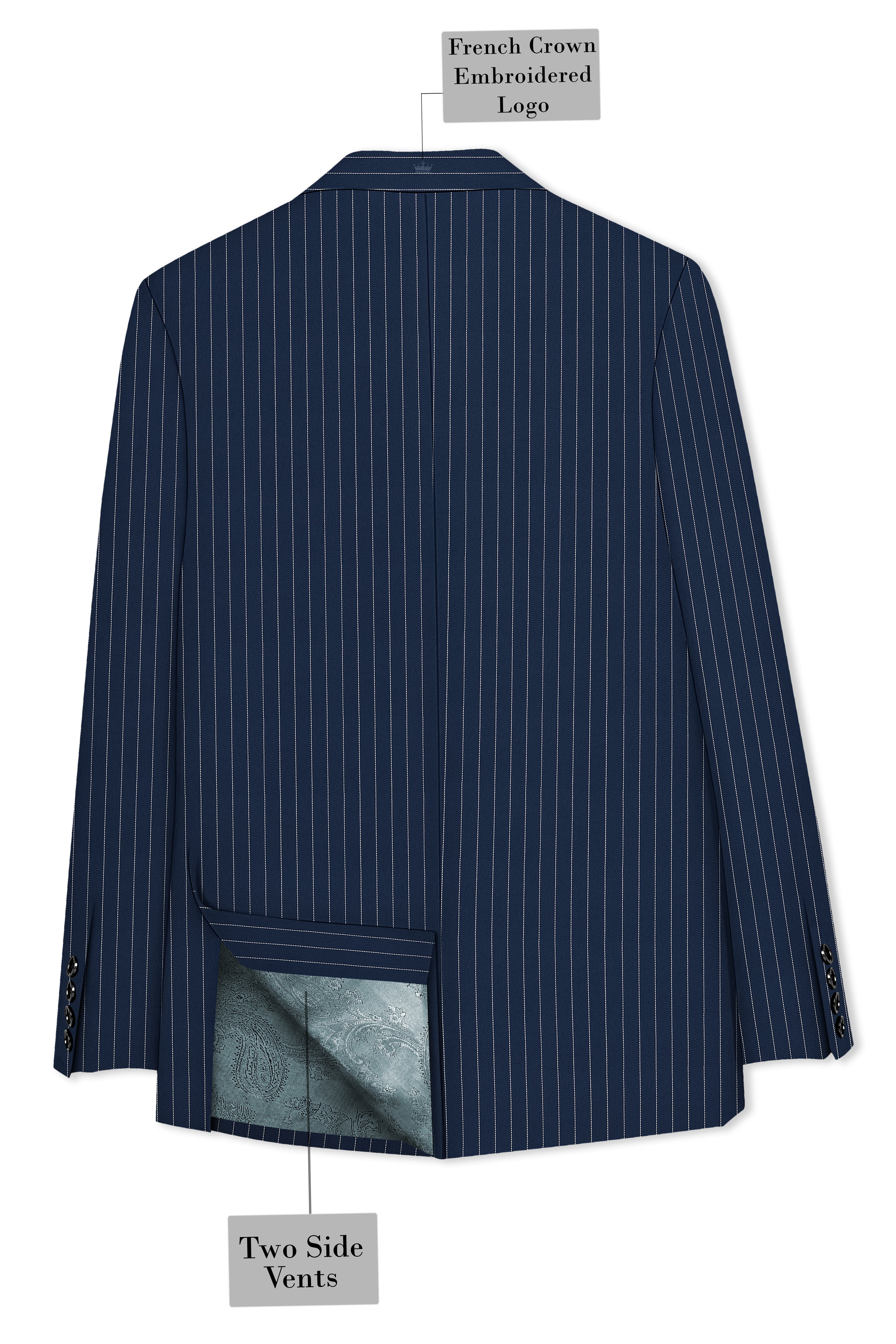 Veritus-Zodiac Blue And Bright White Chalk Striped Wool Rich Slight Stretch Double Breasted Blazer