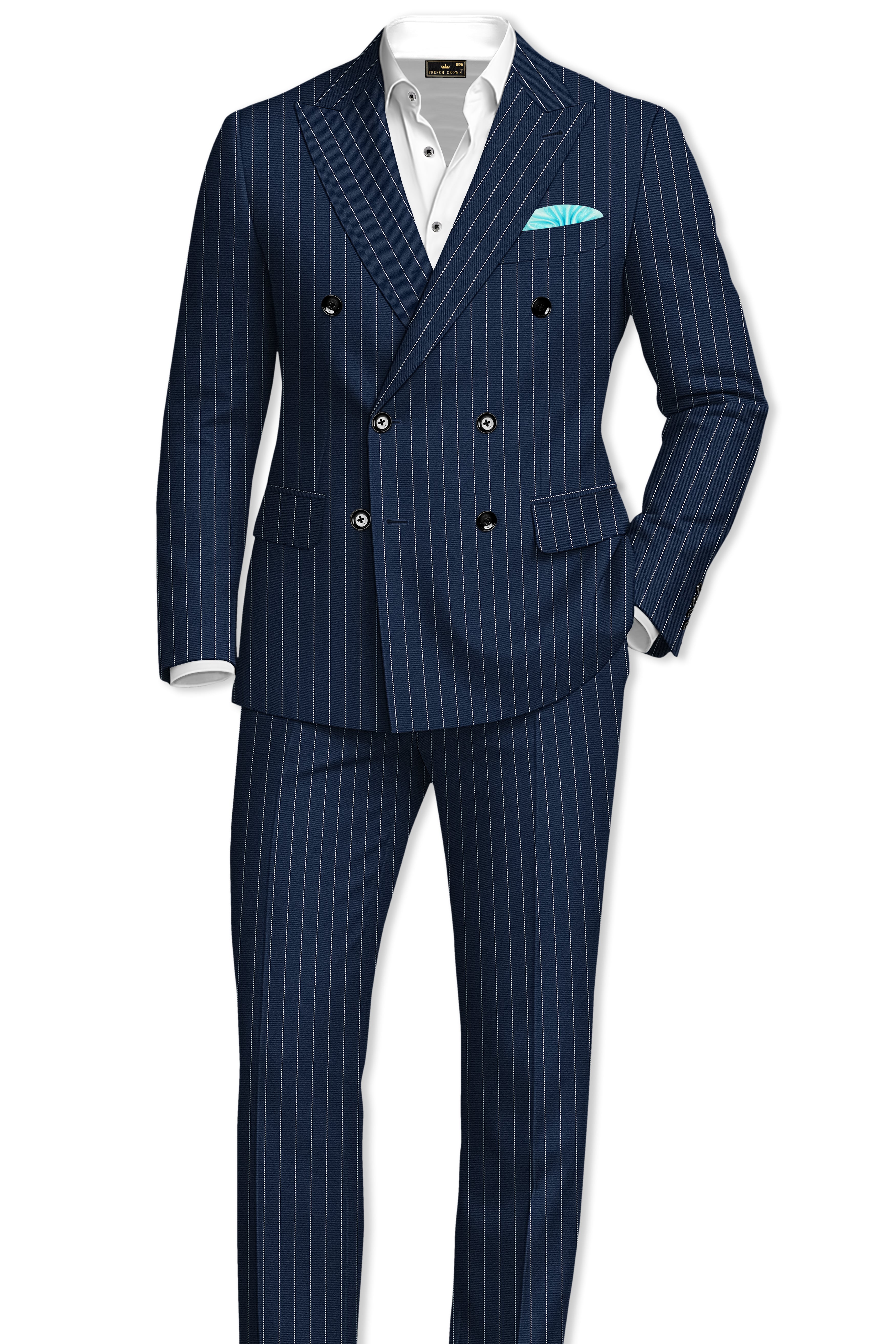 Veritus-Zodiac Blue And Bright White Chalk Striped Wool Rich Slight Stretch Double Breasted Blazer