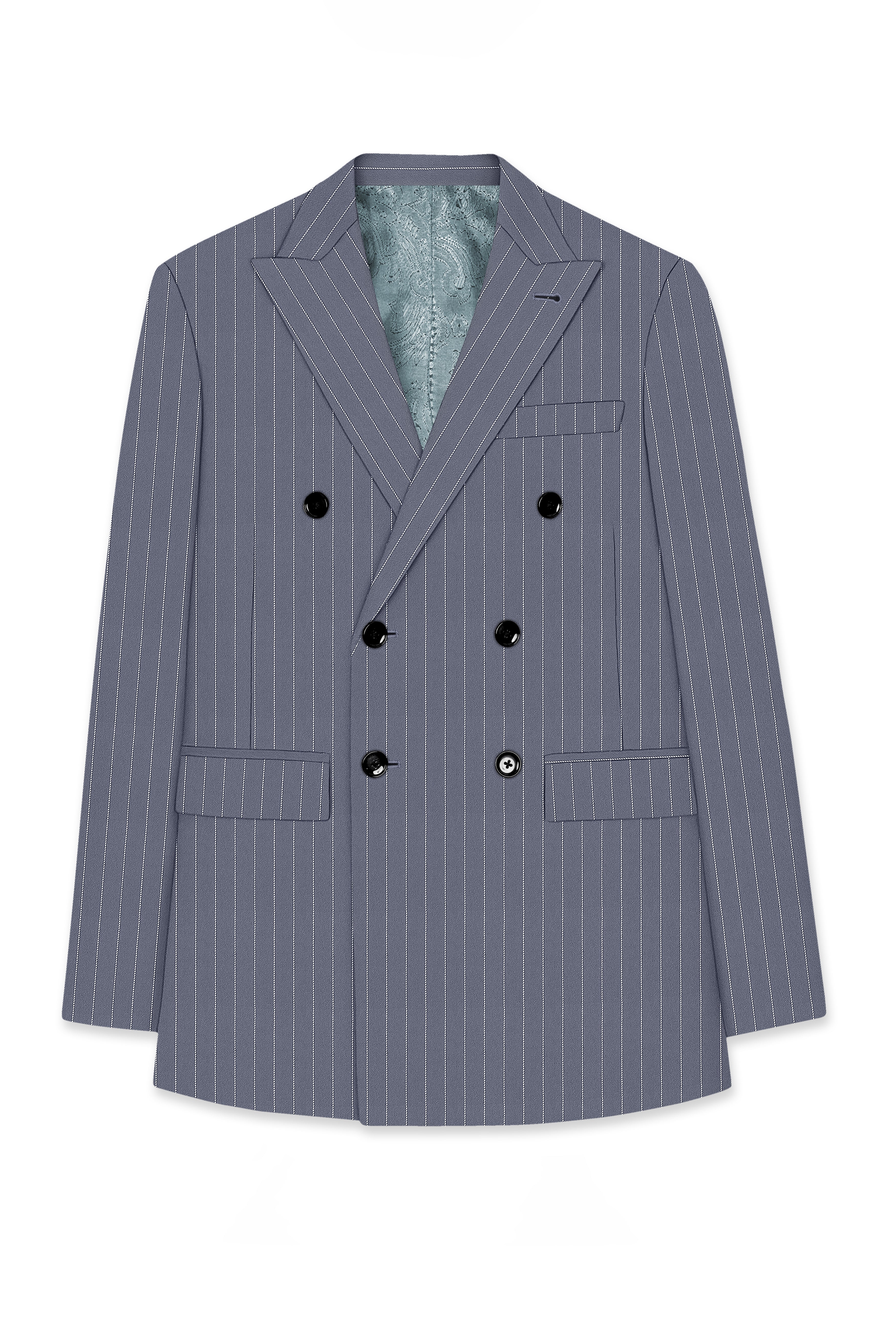 Monarch-Shark Gray And Bright White Chalk Striped Wool Rich Slight Stretch Double Breasted Blazer