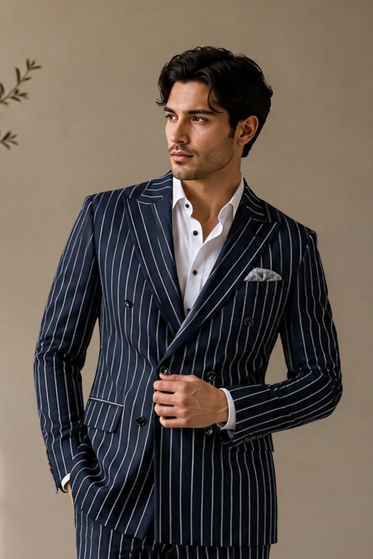 Echelon-Vulcan Blue Herringbone Striped Wool Rich Slight Stretch Double Breasted Blazer