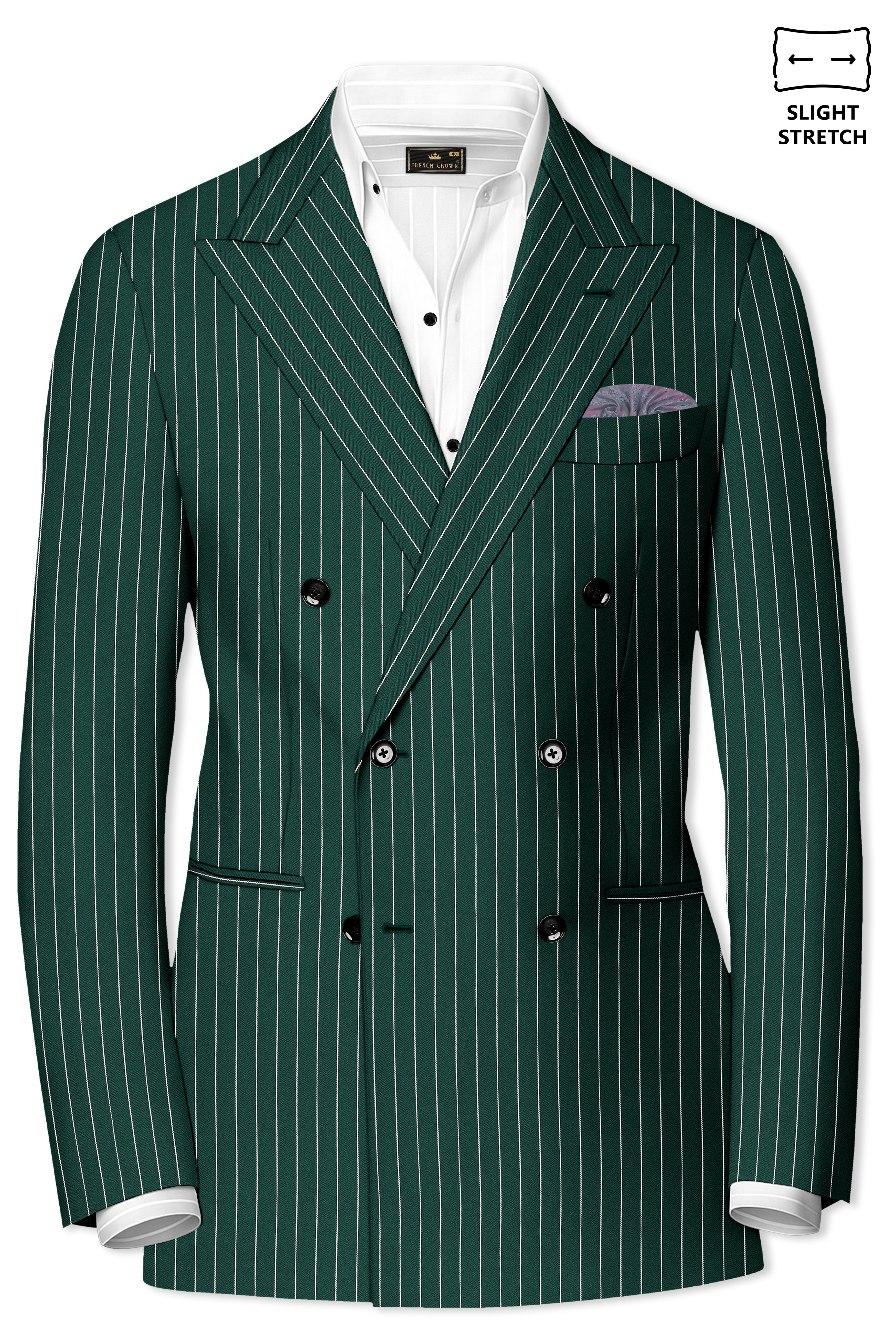 Arbor-Timber Green Herringbone Striped Wool Rich Slight Stretch Double Breasted Blazer