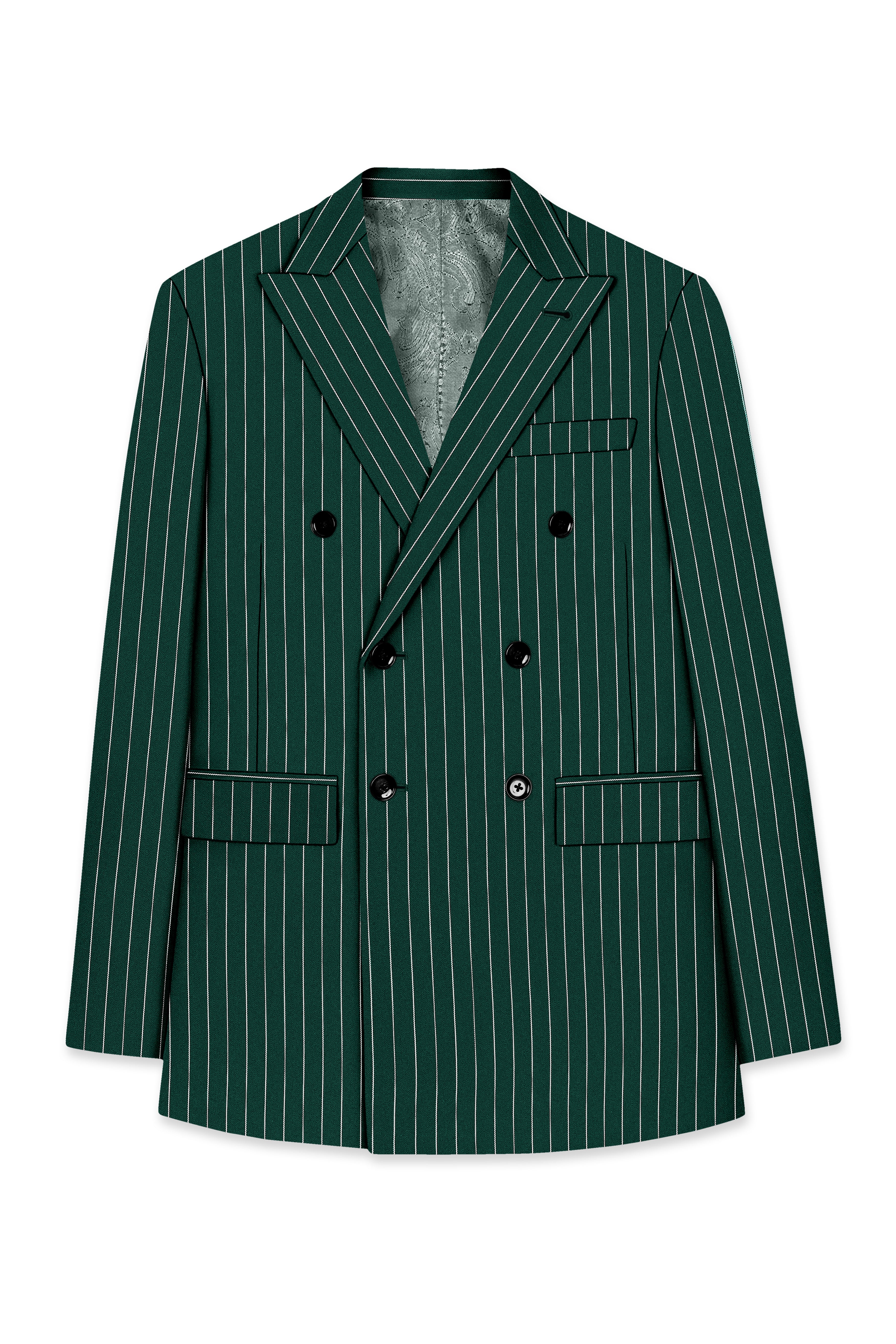 Arbor-Timber Green Herringbone Striped Wool Rich Slight Stretch Double Breasted Blazer