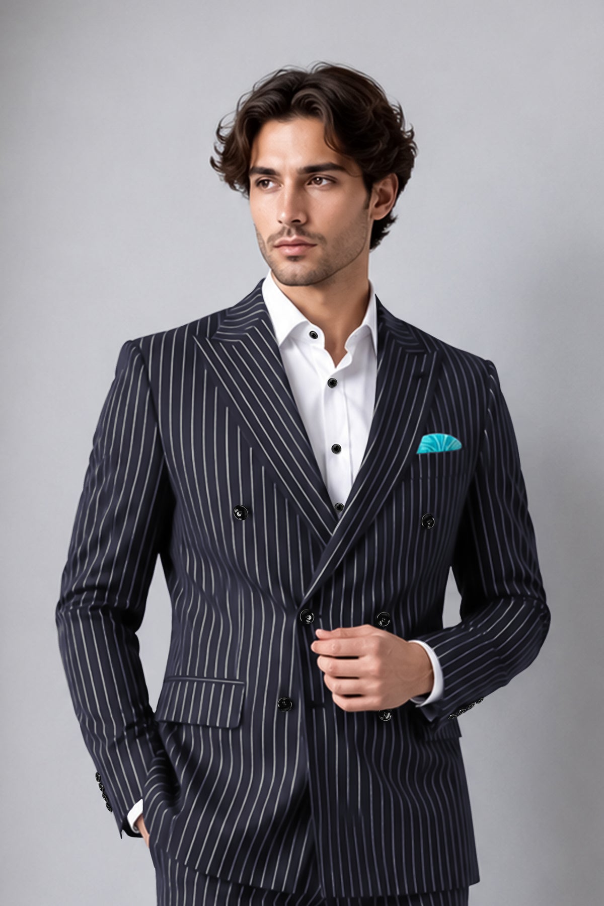 Maris-Baltic Sea Blue And Bright White Chalk Striped Wool Rich Slight Stretch Double Breasted Blazer