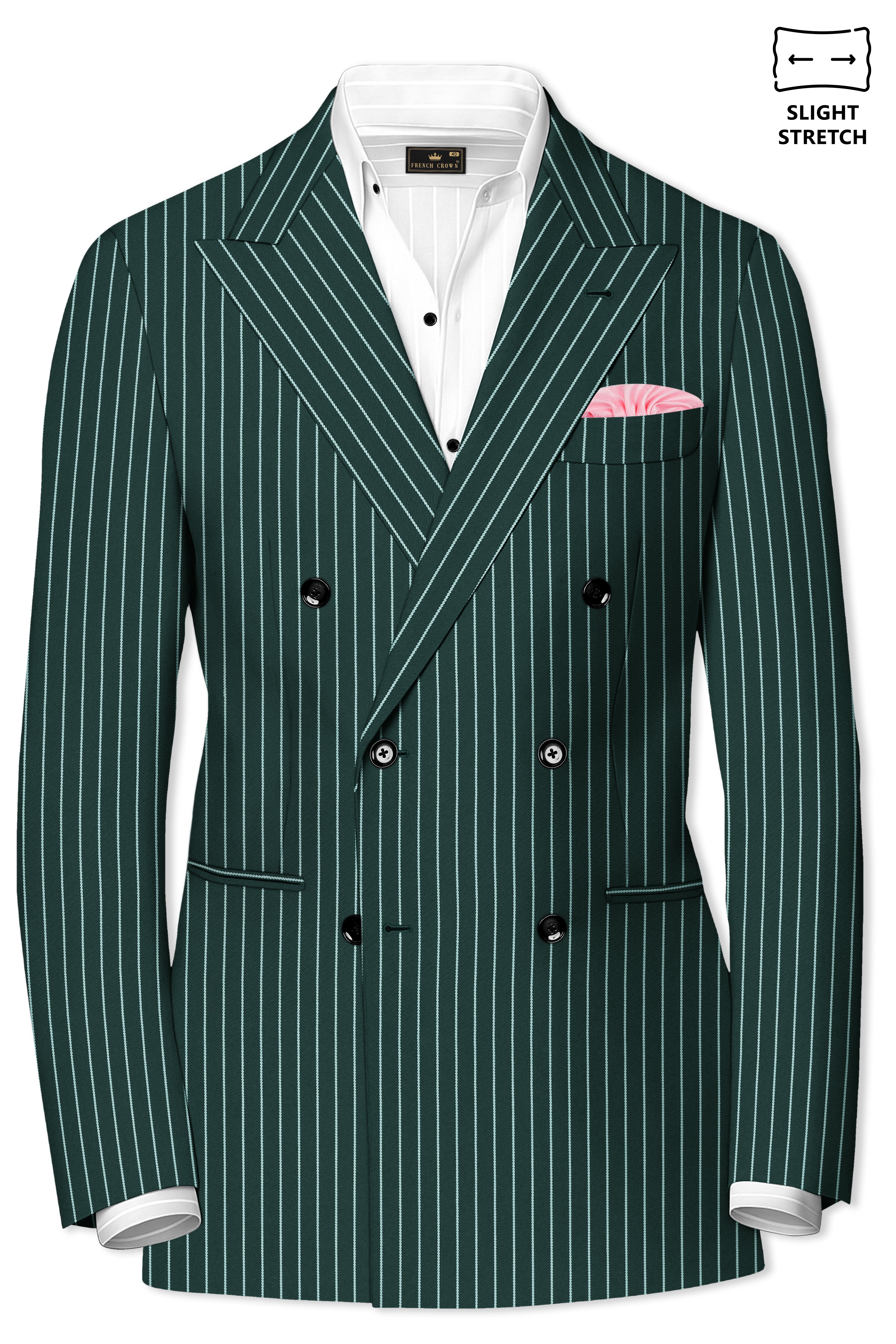 Forenza-Jungle Green And Bright White Chalk Striped Wool Rich Slight Stretch Double Breasted Blazer