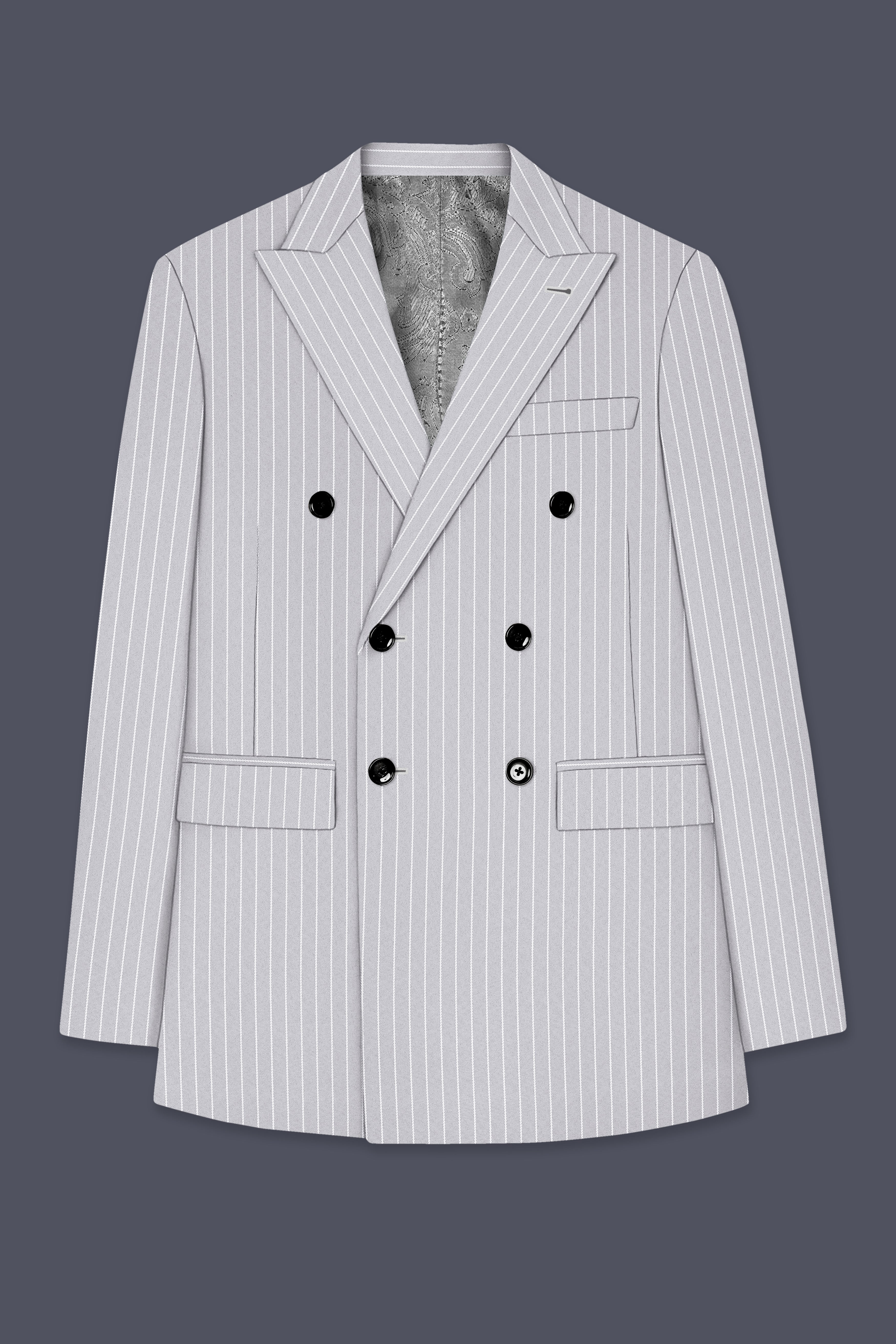 Sterlan-Goose Gray And Bright White Chalk Striped Wool Rich Slight Stretch Double Breasted Blazer