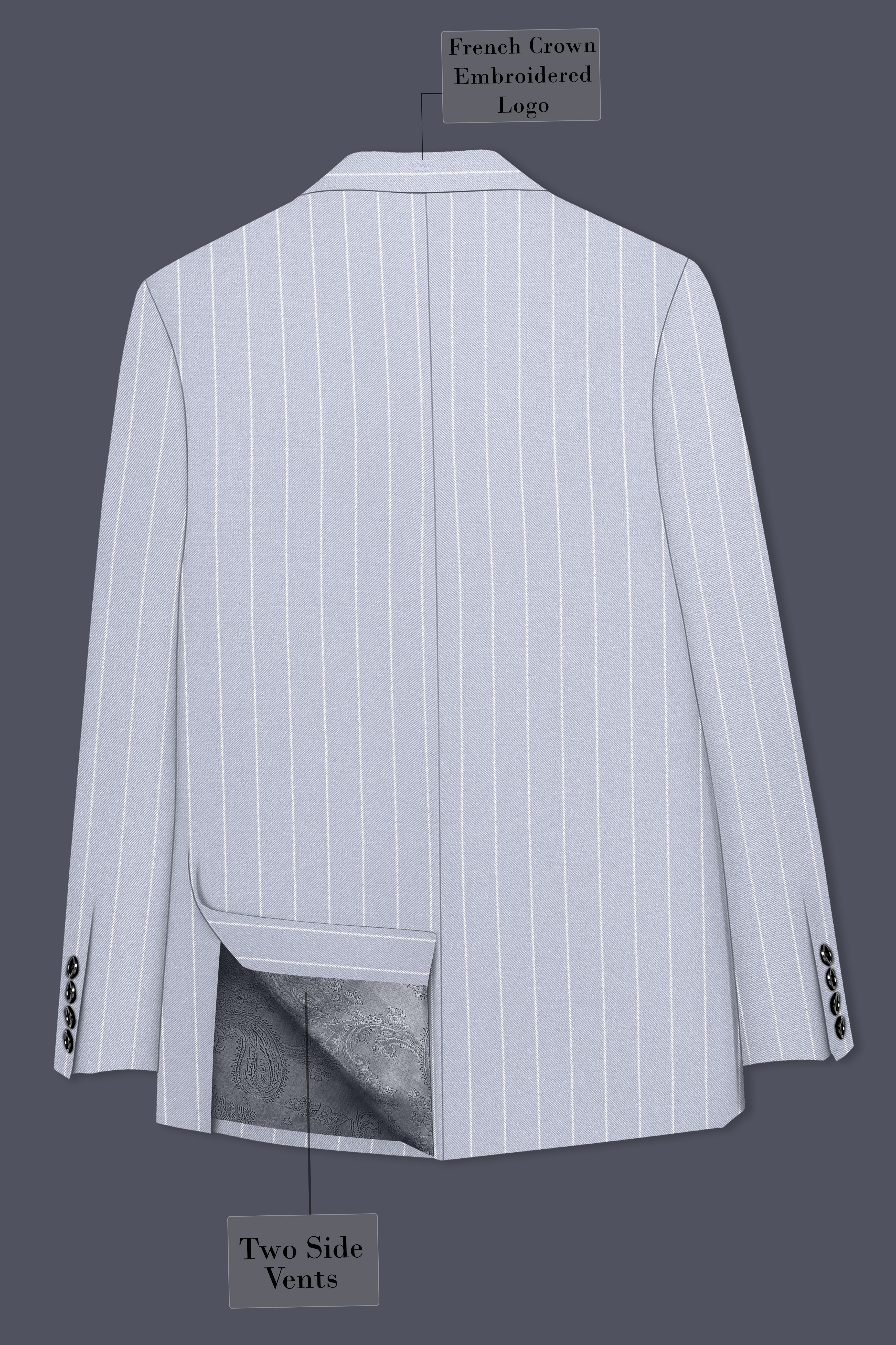Axiom-Loblolly Gray And Bright White Chalk Striped Wool Rich Slight Stretch Double Breasted Blazer