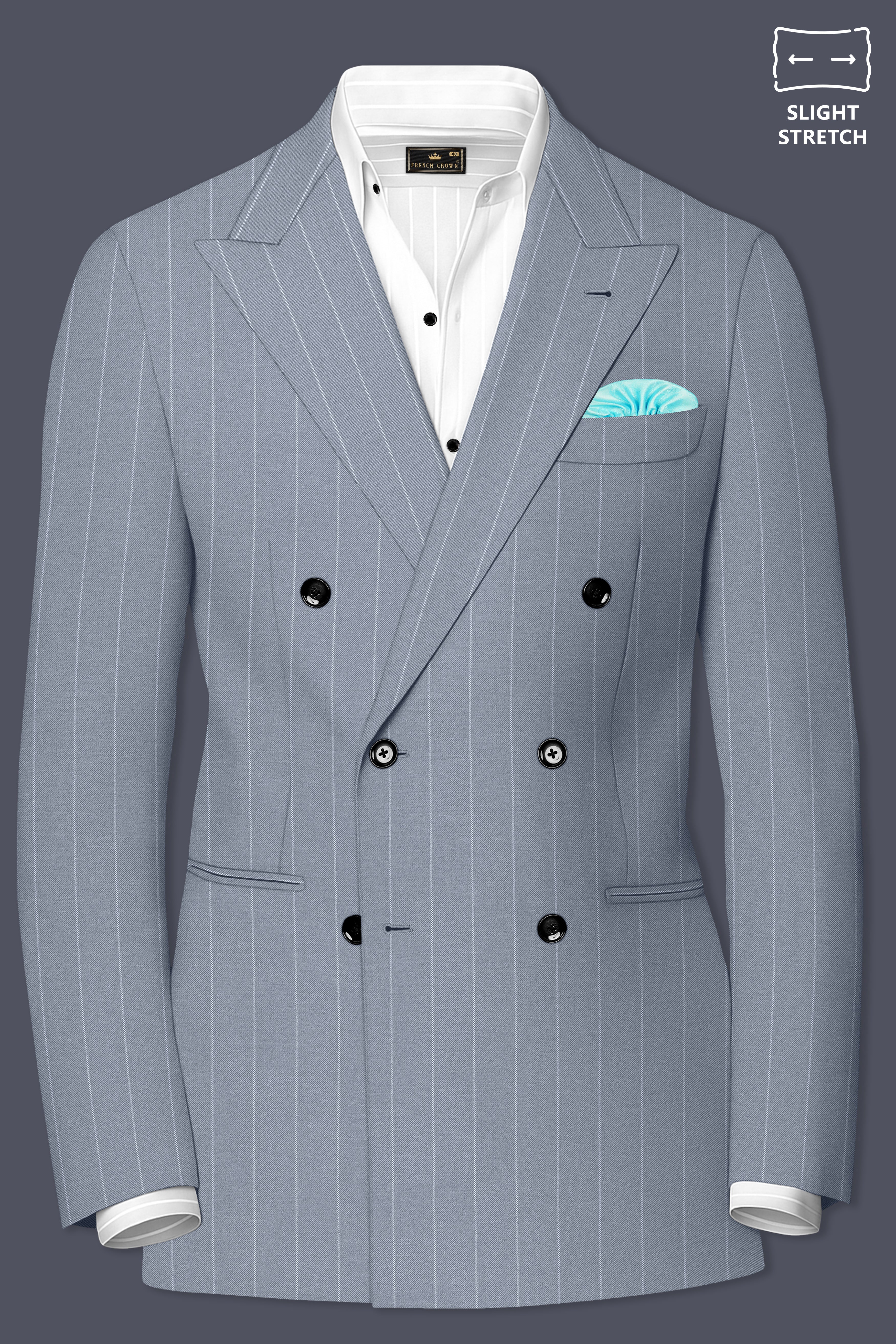Prestige-Regent Gray And Bright White Chalk Striped Wool Rich Slight Stretch Double Breasted Blazer
