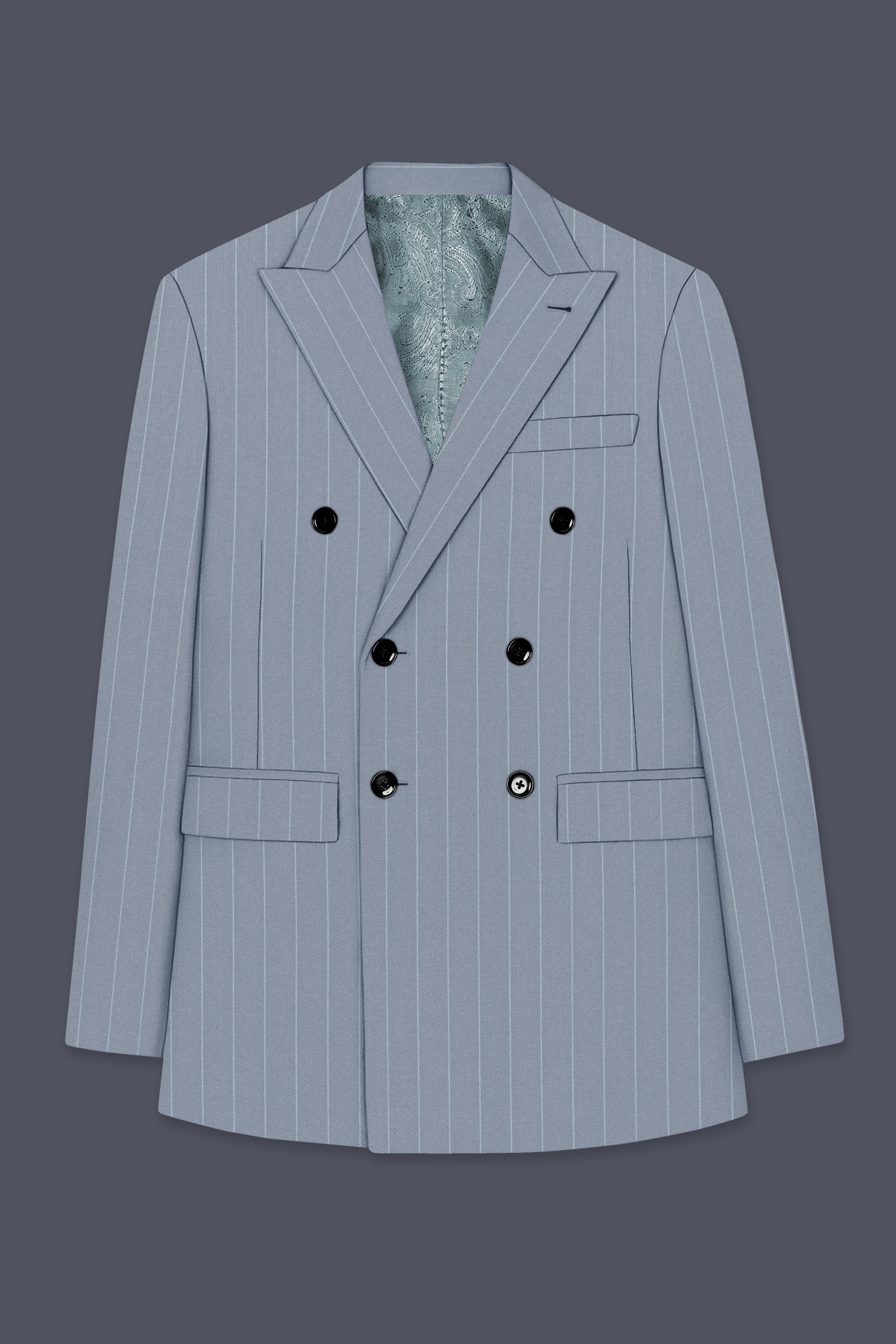 Prestige-Regent Gray And Bright White Chalk Striped Wool Rich Slight Stretch Double Breasted Blazer