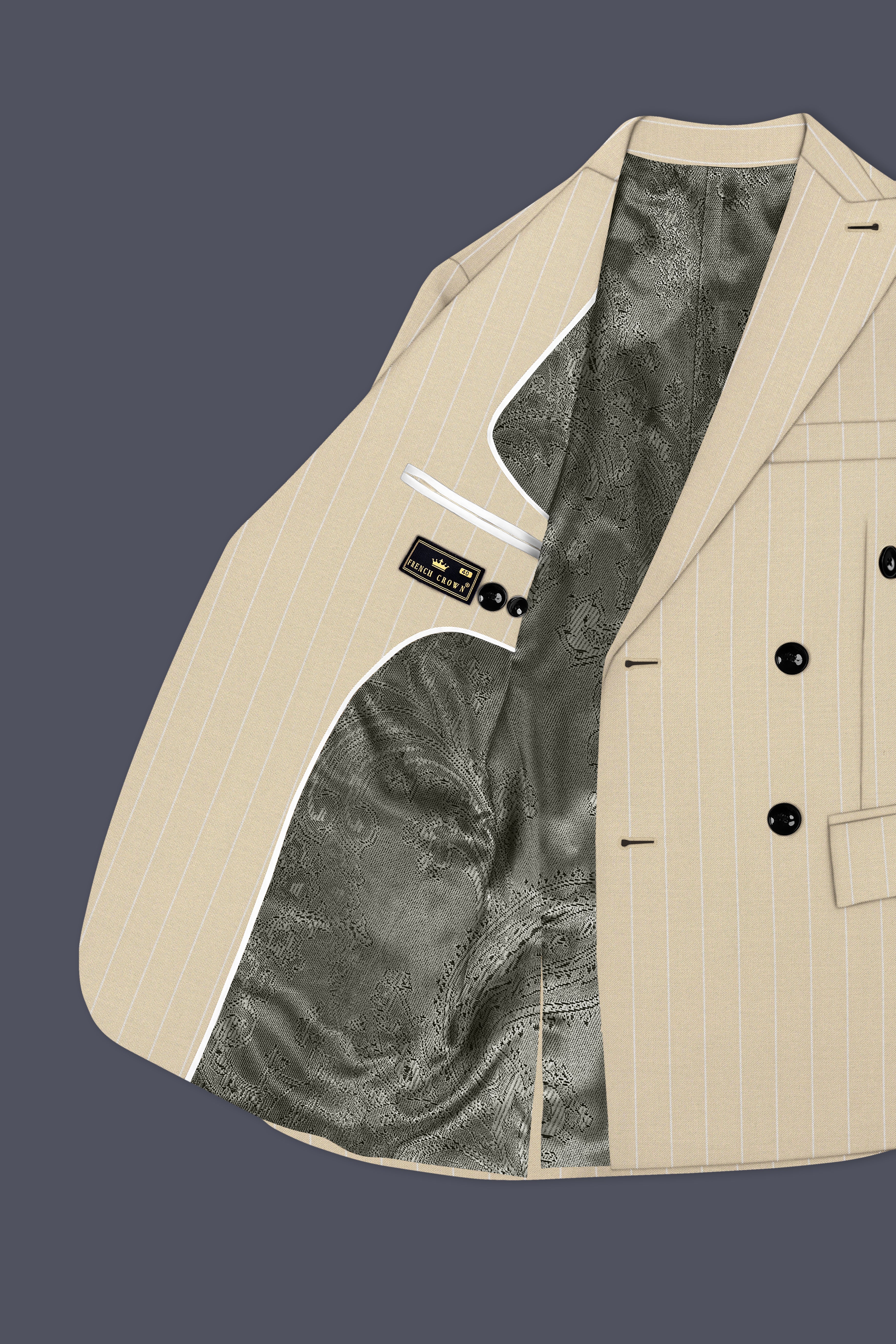 Lumier-Akaroa Cream And Bright White Chalk Striped Wool Rich Slight Stretch Double Breasted Blazer