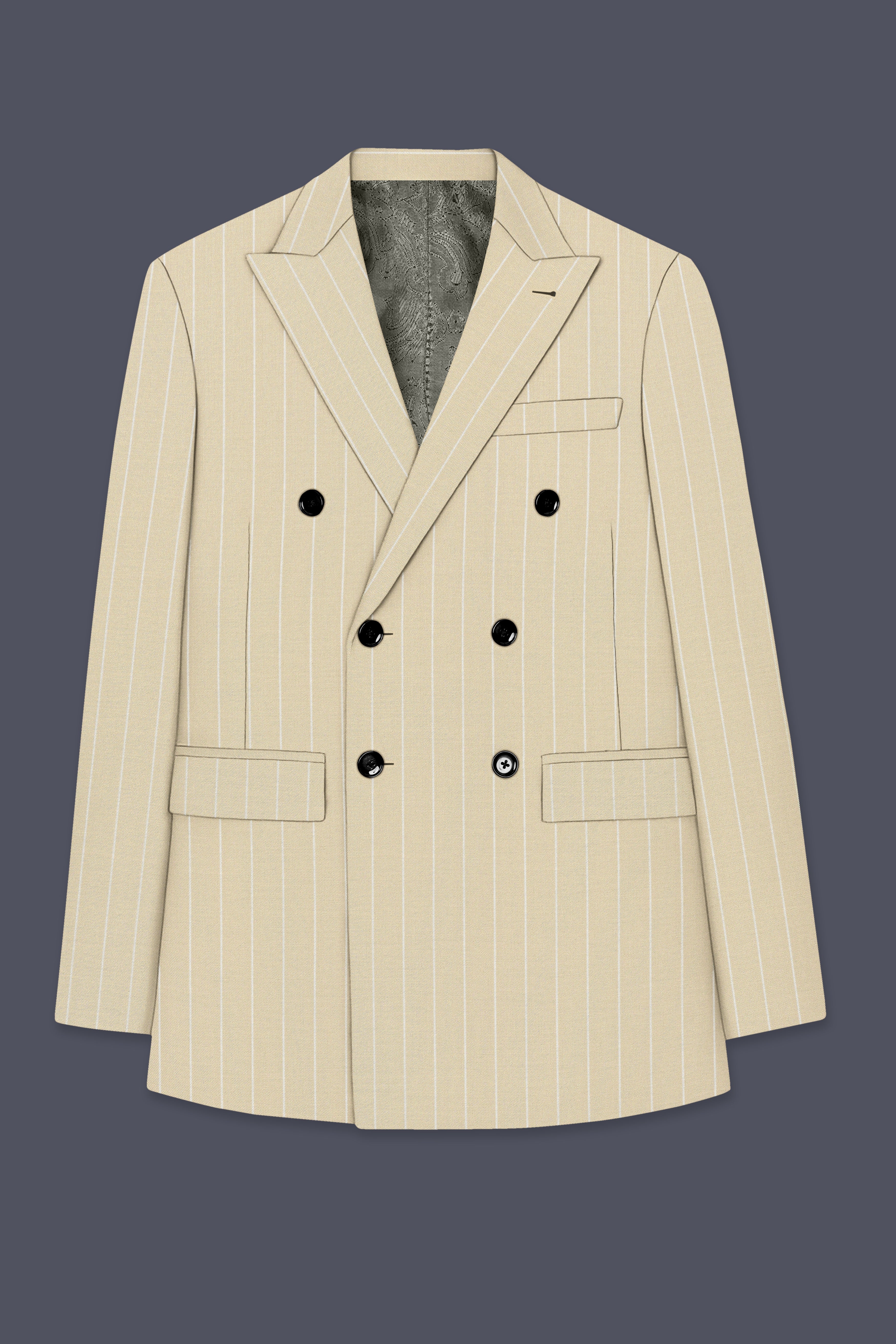 Lumier-Akaroa Cream And Bright White Chalk Striped Wool Rich Slight Stretch Double Breasted Blazer