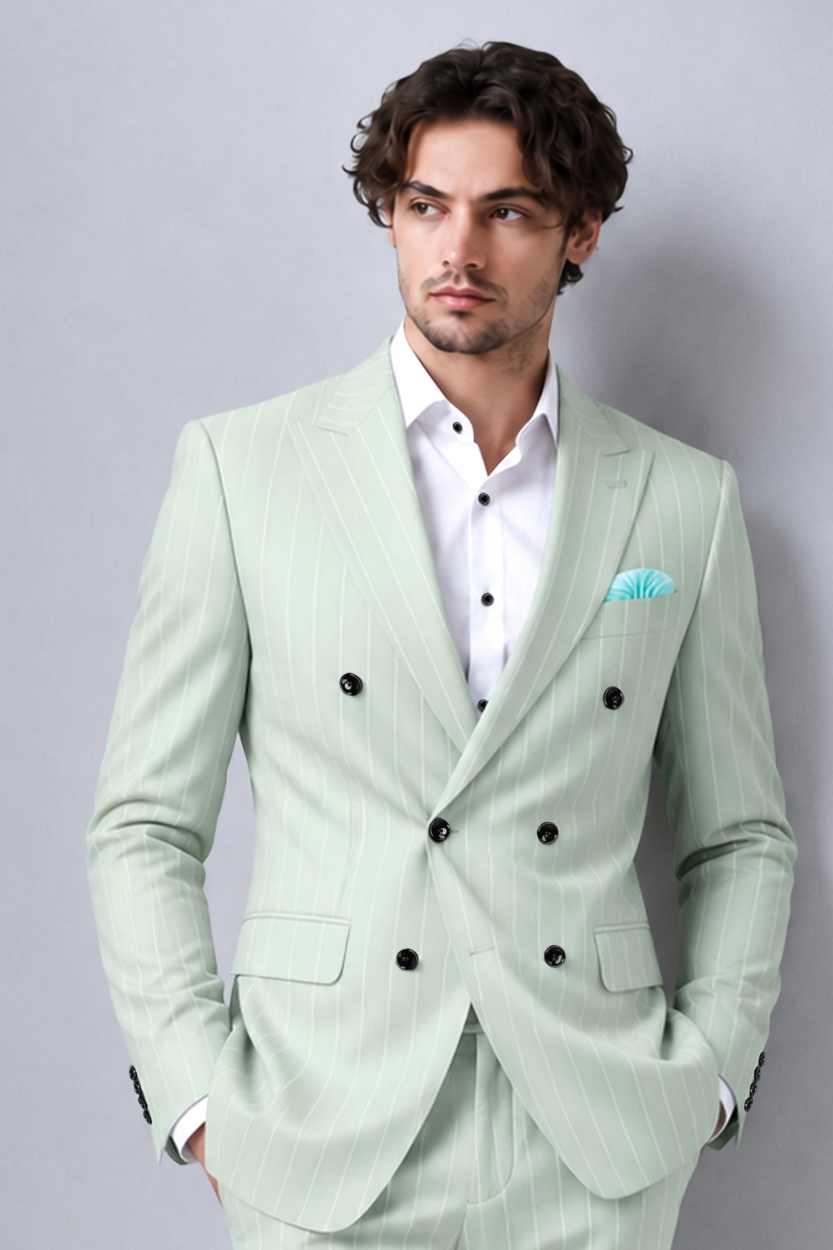 Halcyon-Pale Leaf Green And Bright White Chalk Striped Wool Rich Slight Stretch Double Breasted Blazer