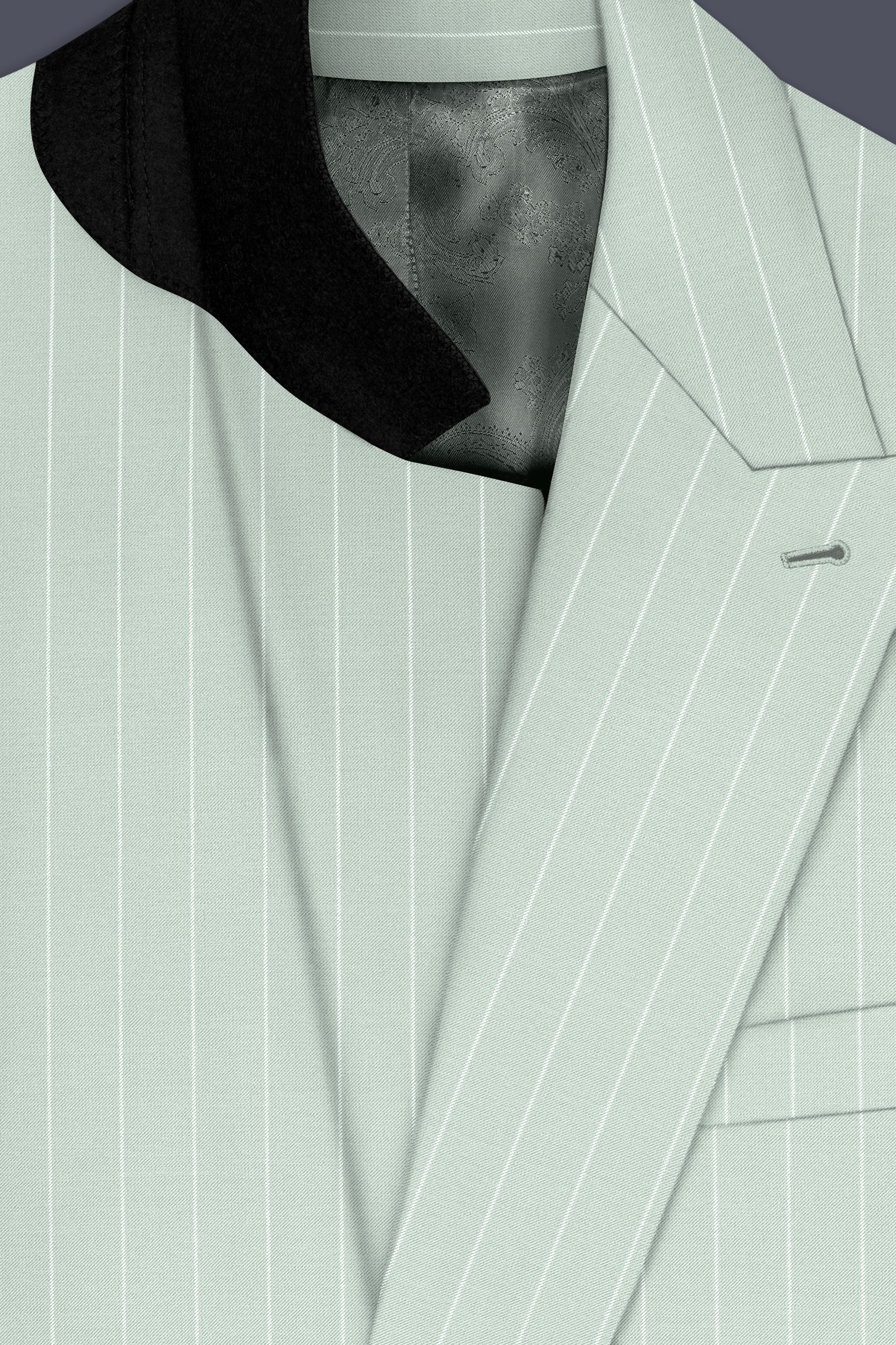 Halcyon-Pale Leaf Green And Bright White Chalk Striped Wool Rich Slight Stretch Double Breasted Blazer