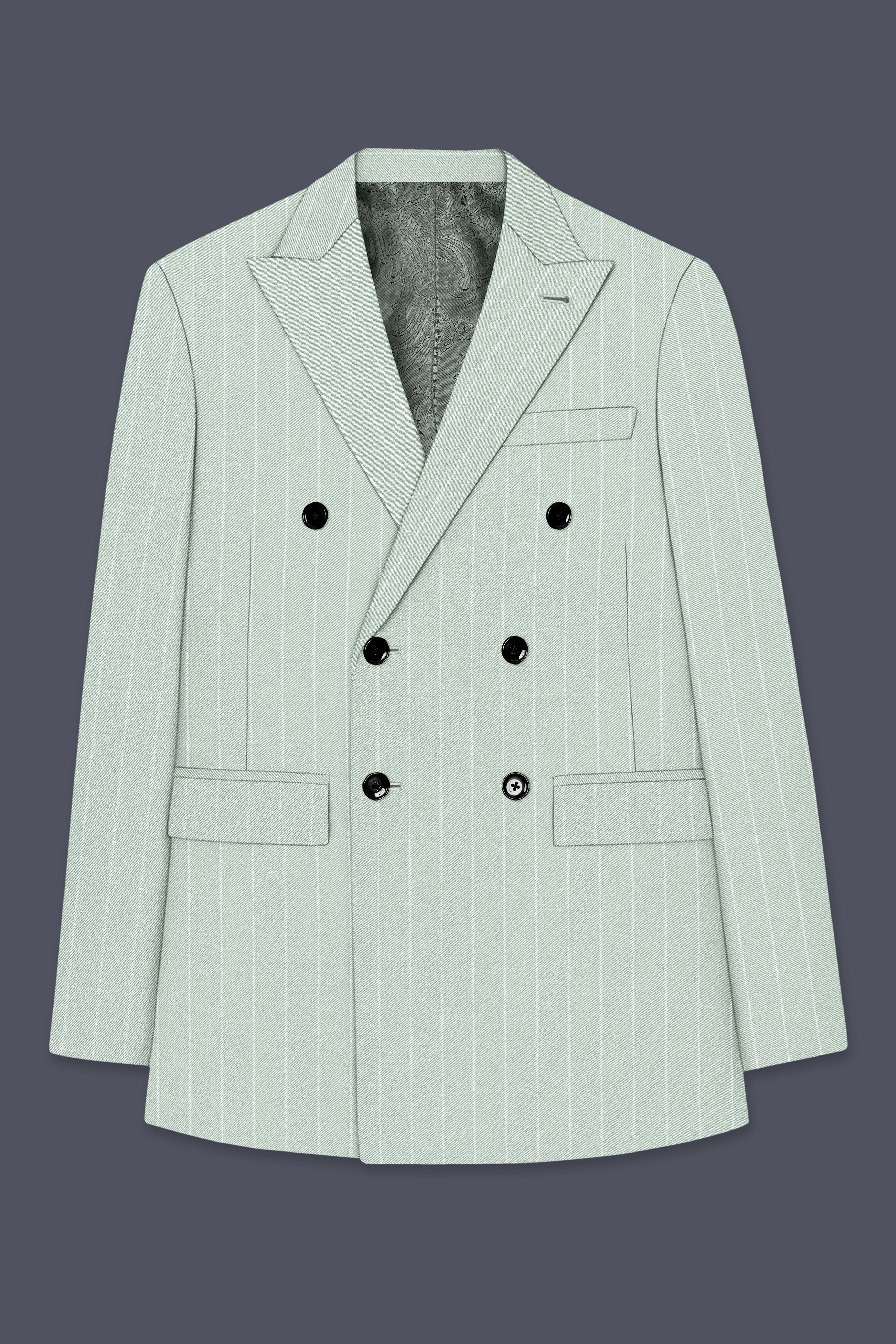 Halcyon-Pale Leaf Green And Bright White Chalk Striped Wool Rich Slight Stretch Double Breasted Blazer