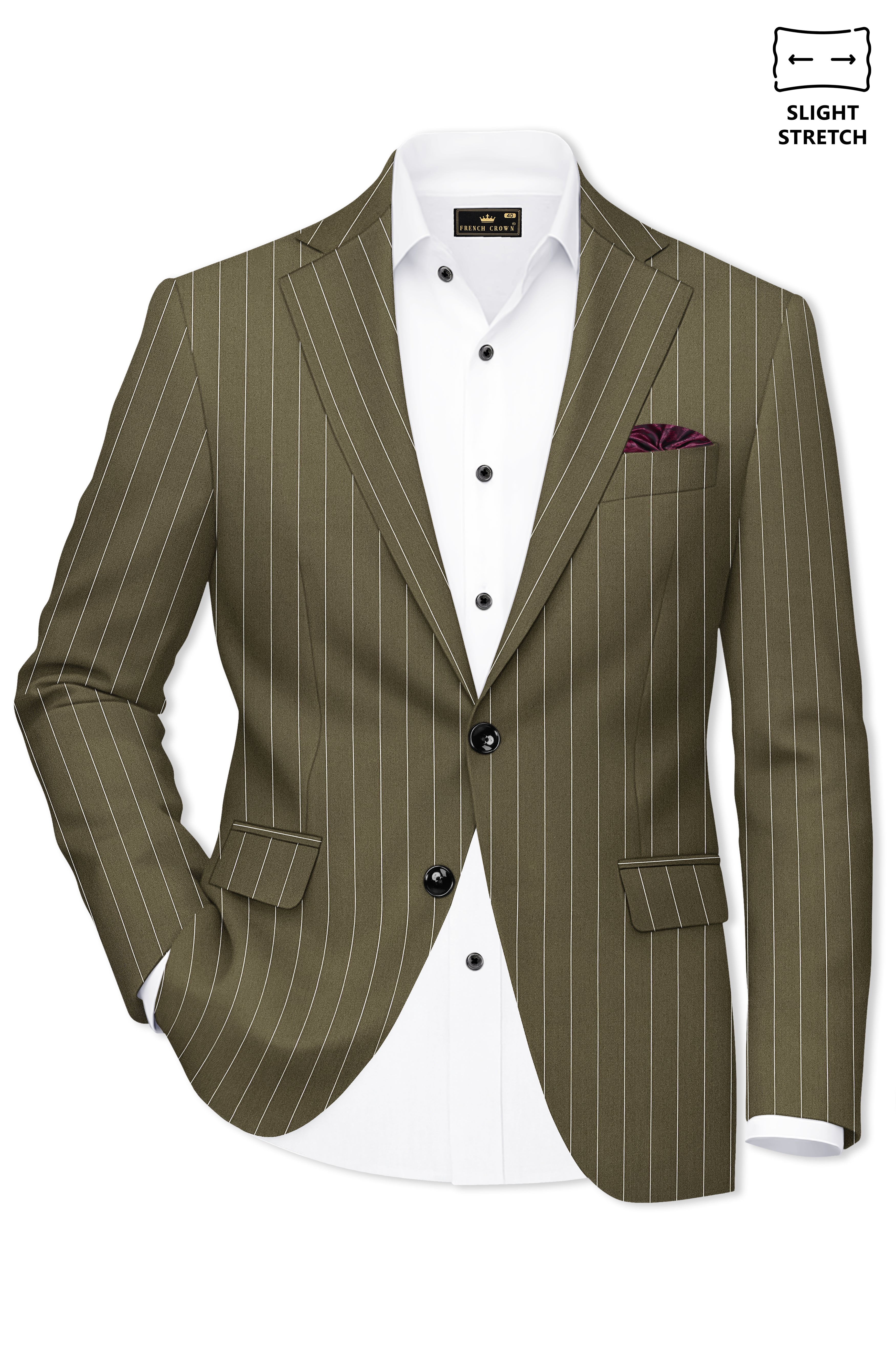 Pinacle-Hamlock Brown And Bright White Chalk Striped Wool Rich Slight Stretch Single Breasted Blazer