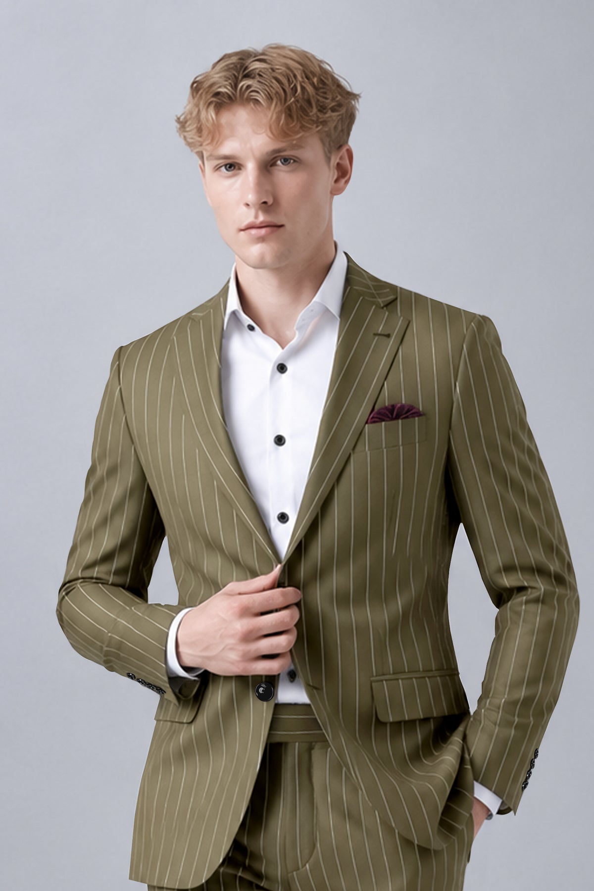 Pinacle-Hamlock Brown And Bright White Chalk Striped Wool Rich Slight Stretch Single Breasted Blazer