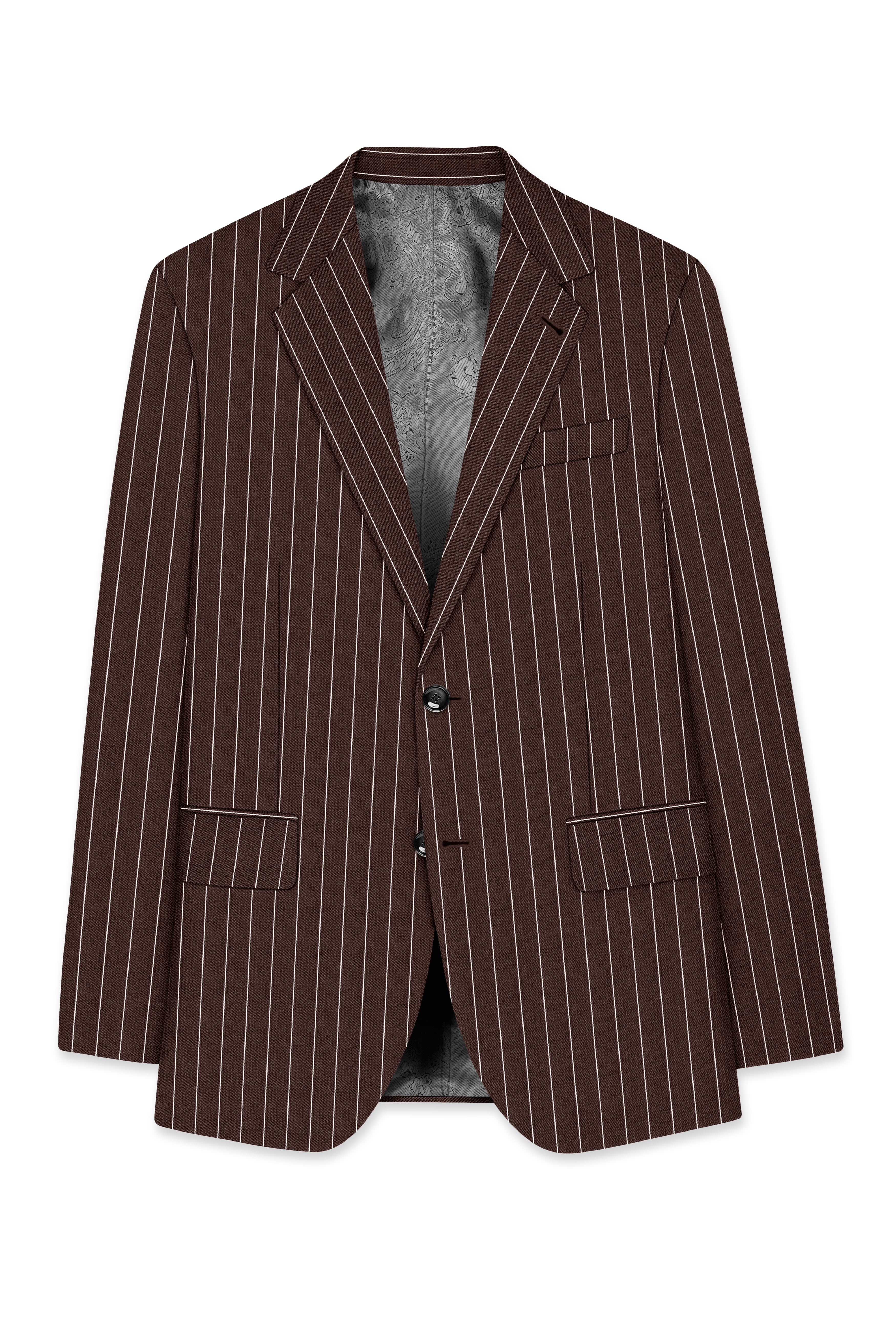 Bristol-Bistre Brown And Bright White Chalk Striped Wool Rich Slight Stretch Single Breasted Blazer