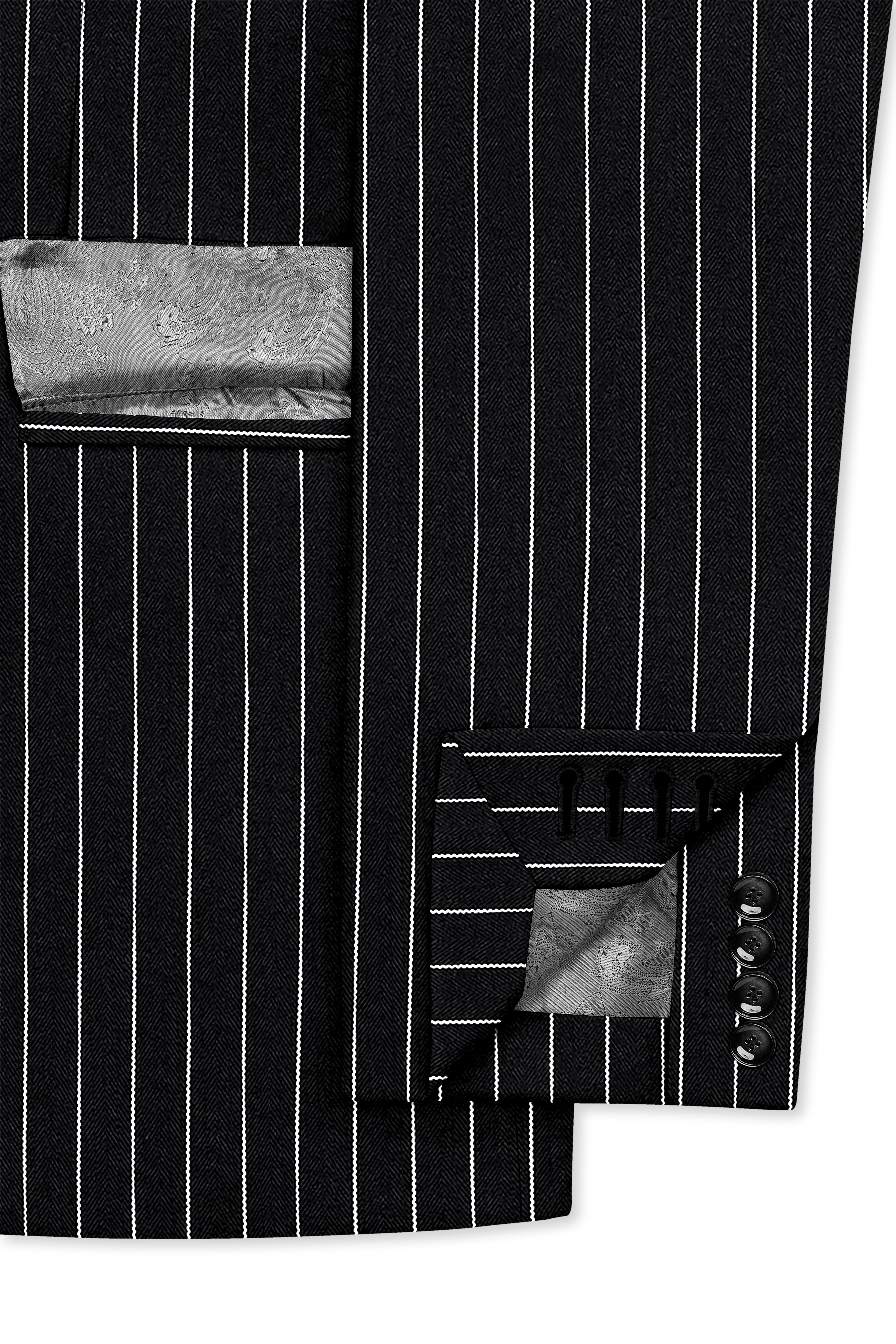 Noir-Jade Black Herringbone Striped Wool Rich Slight Stretch Single Breasted Blazer
