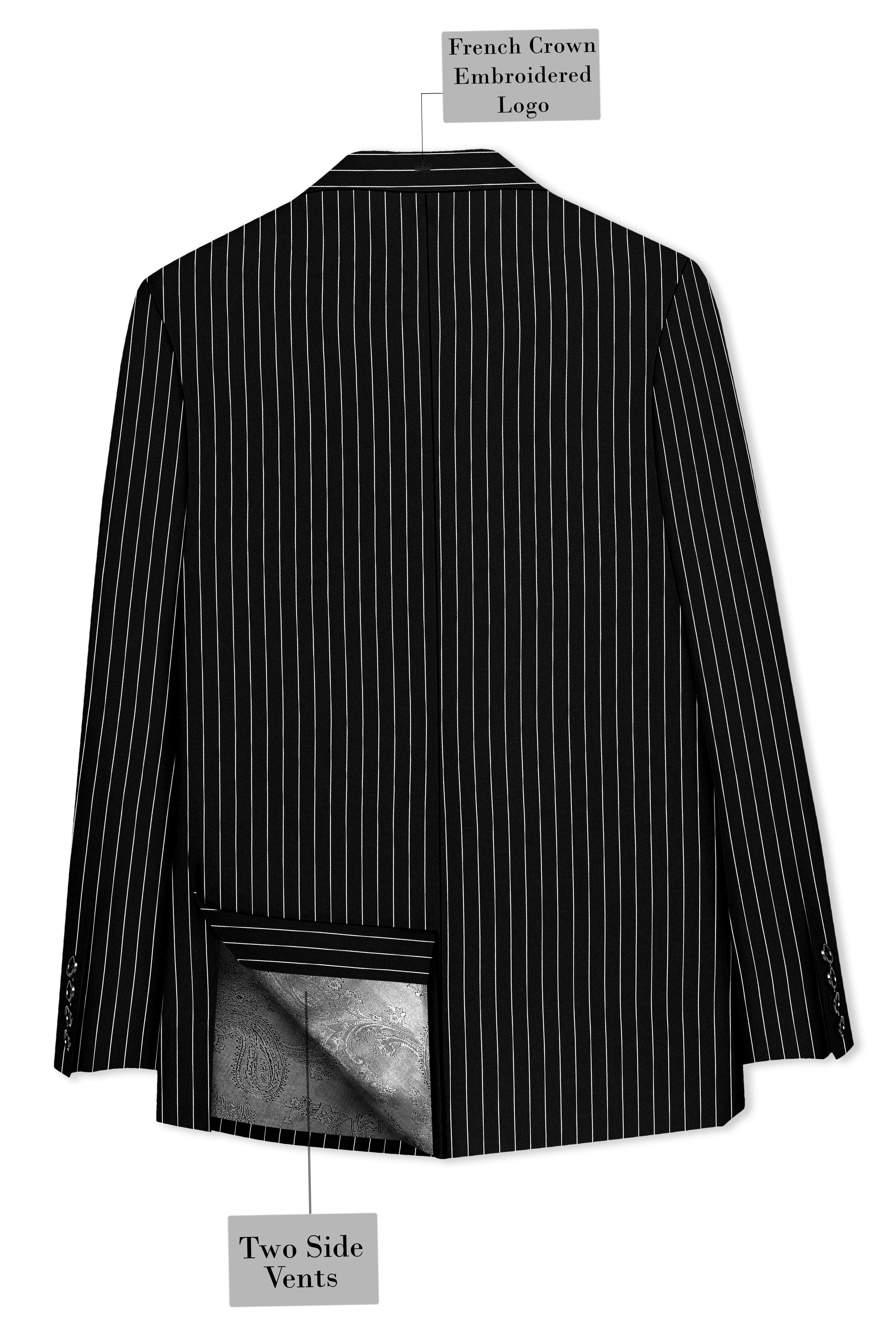 Noir-Jade Black Herringbone Striped Wool Rich Slight Stretch Single Breasted Blazer