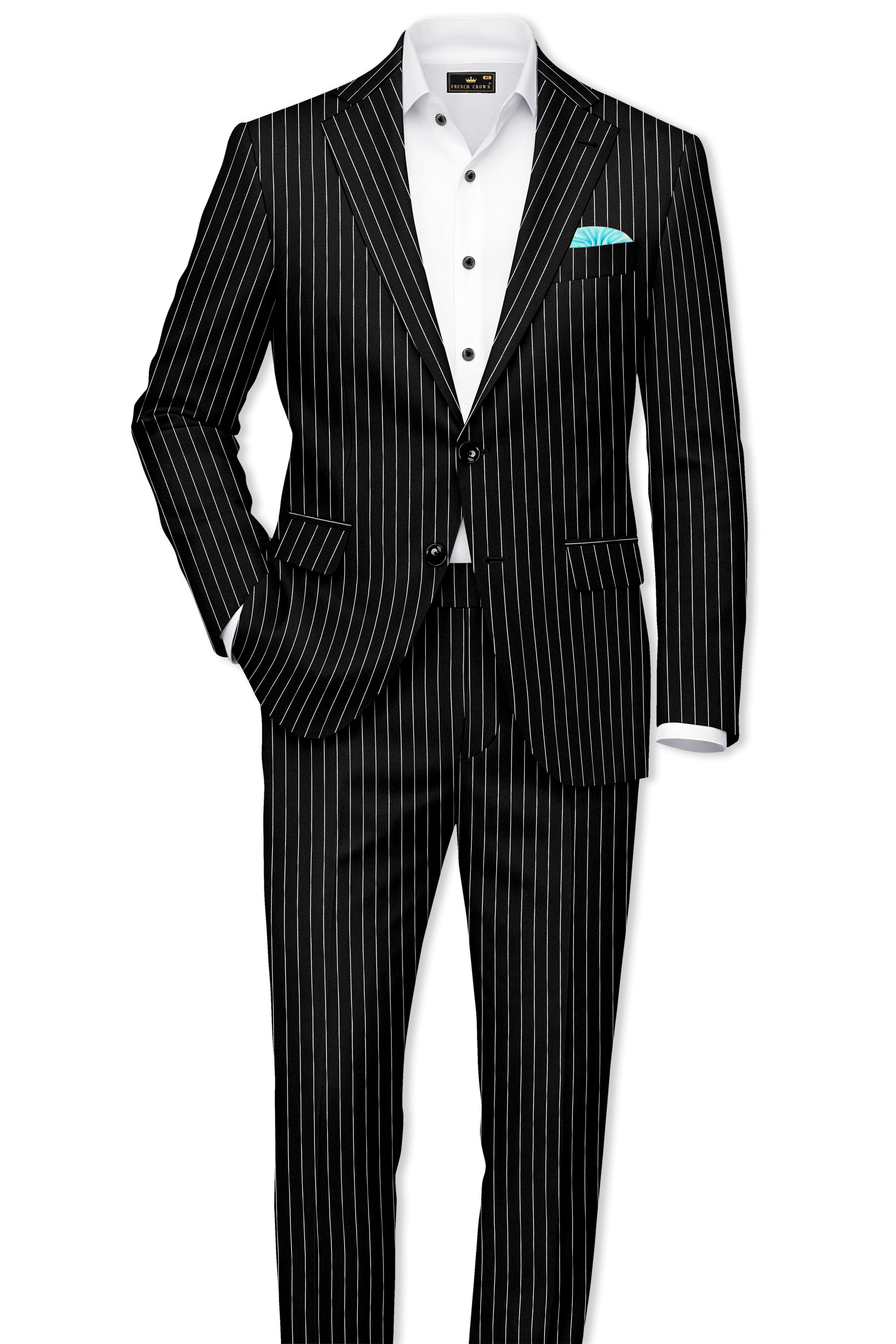 Noir-Jade Black Herringbone Striped Wool Rich Slight Stretch Single Breasted Blazer