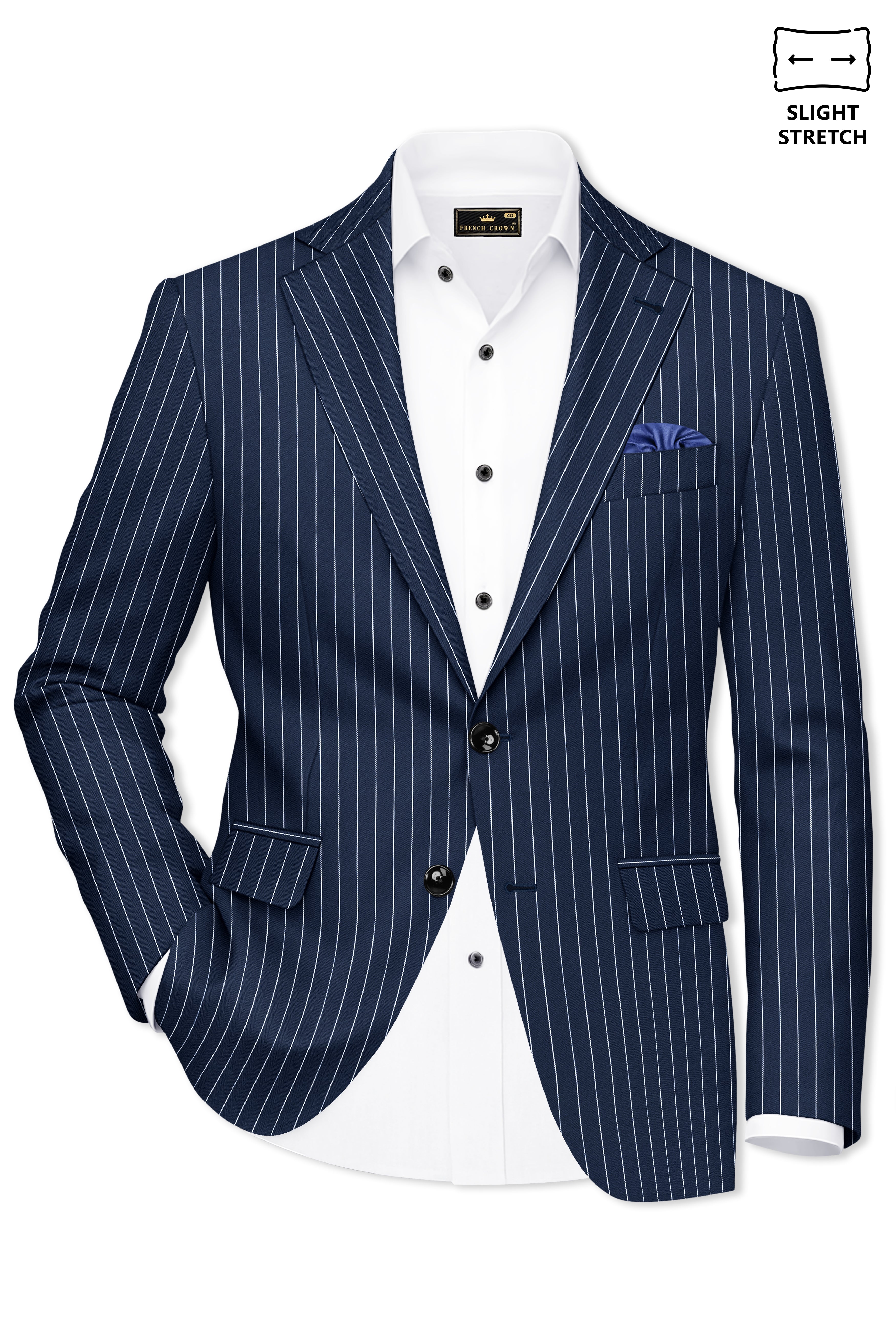 Astris-Space Blue Herringbone Striped Wool Rich Slight Stretch Single Breasted Blazer