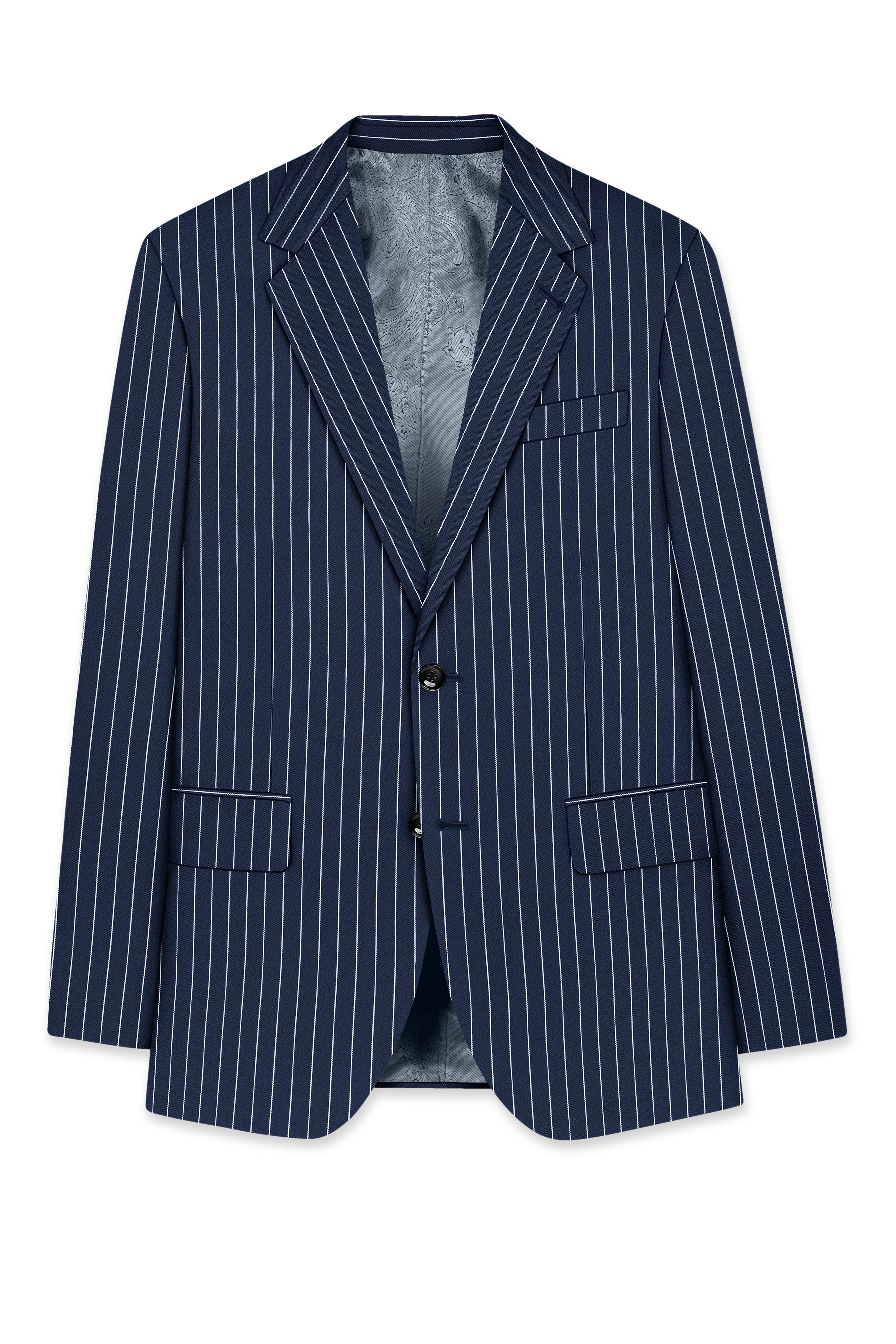 Astris-Space Blue Herringbone Striped Wool Rich Slight Stretch Single Breasted Blazer