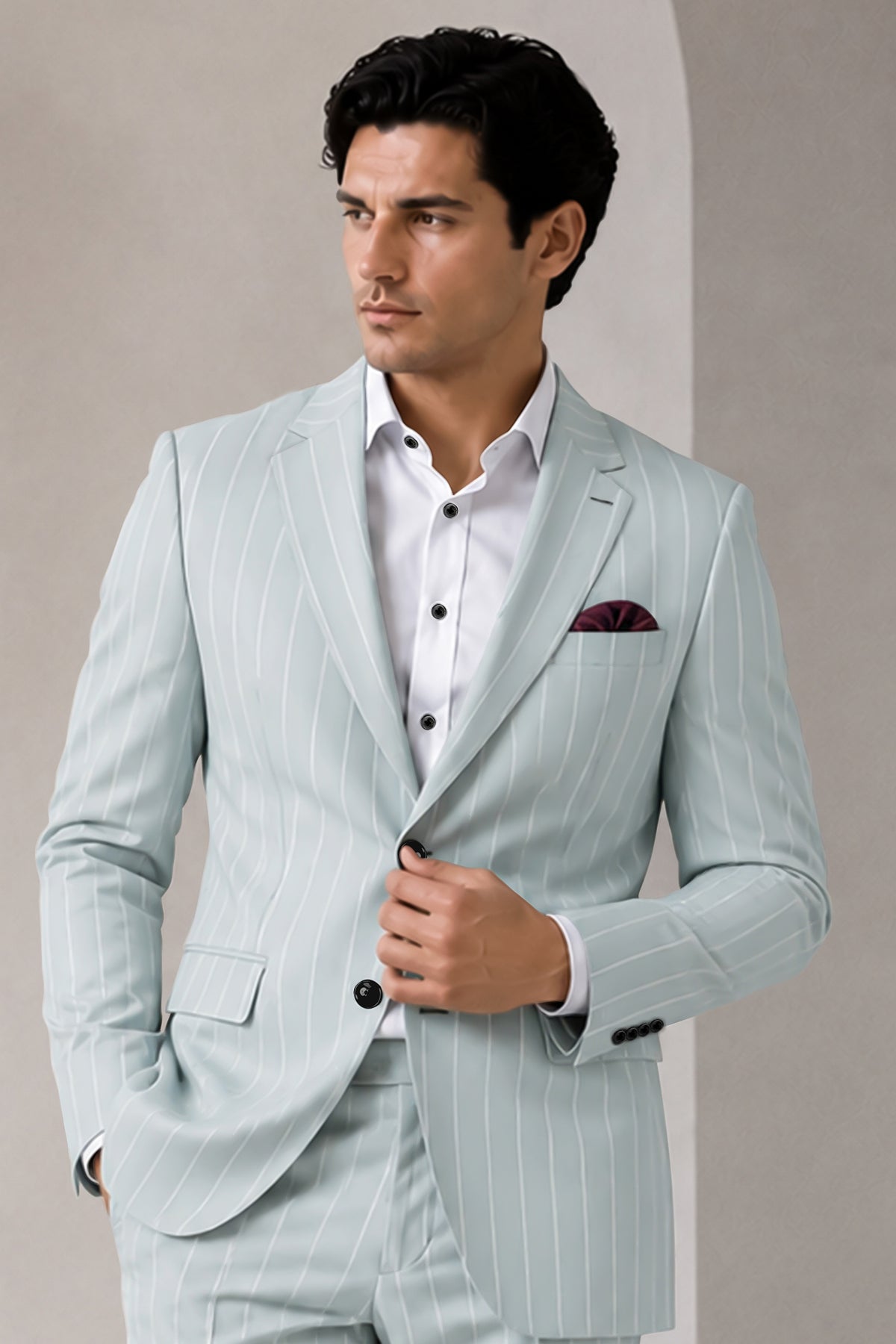 Slate-Tiara Gray And Bright White Chalk Striped Wool Rich Slight Stretch Single Breasted Blazer