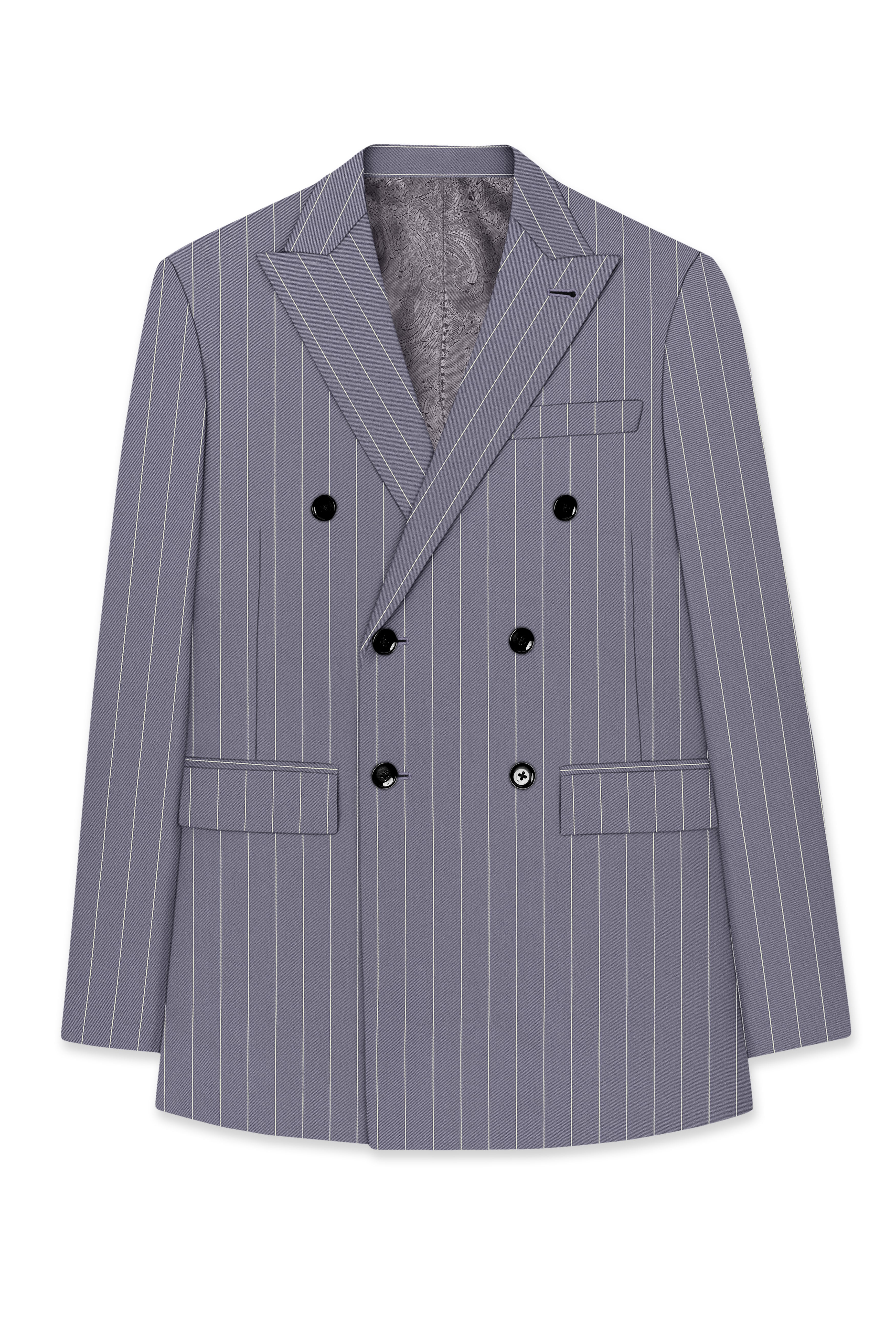 Regent-Mobster Gray And Bright White Chalk Striped Wool Rich Slight Stretch Double Breasted Blazer