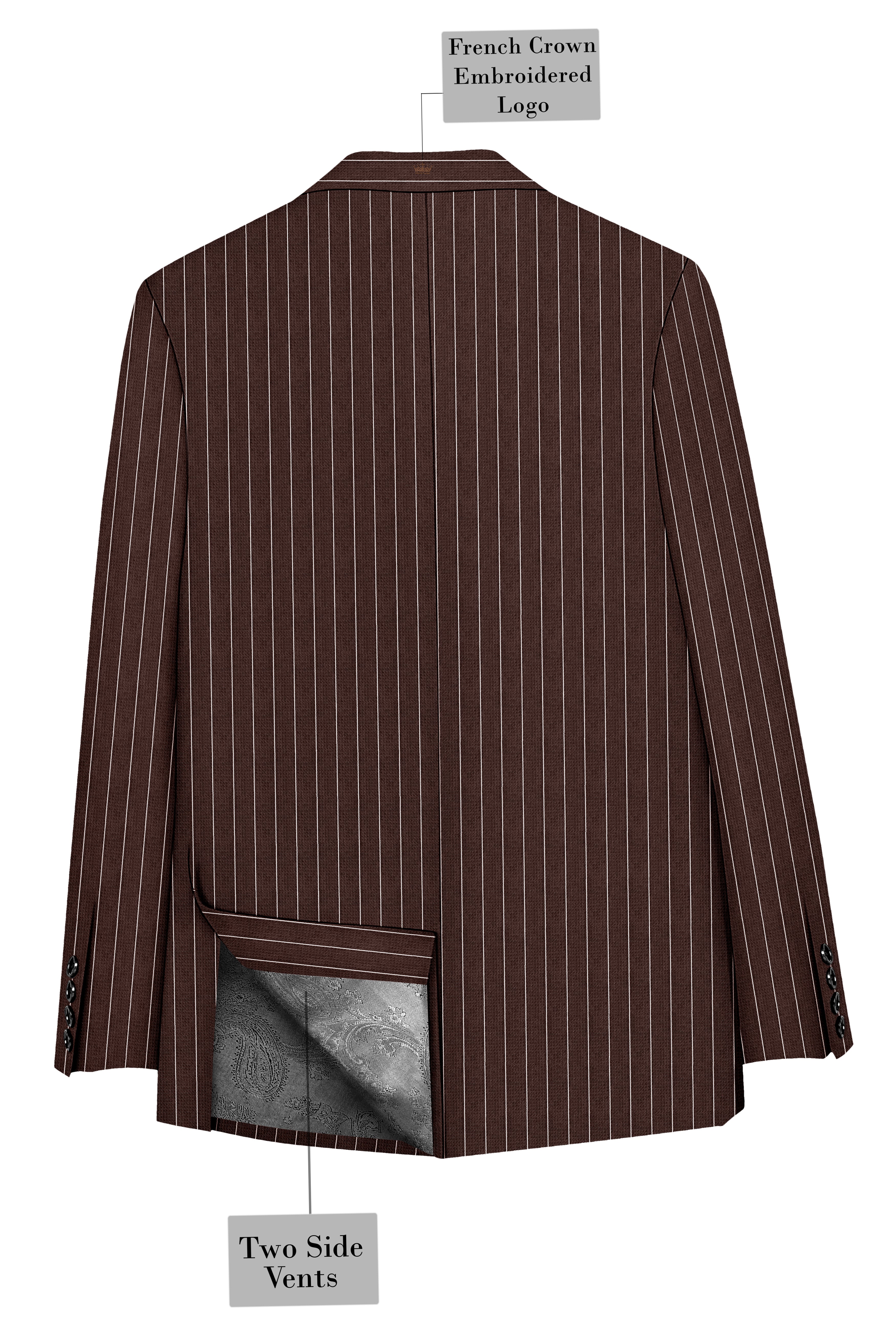 Bristol-Bistre Brown And Bright White Chalk Striped Wool Rich Slight Stretch Double Breasted Blazer