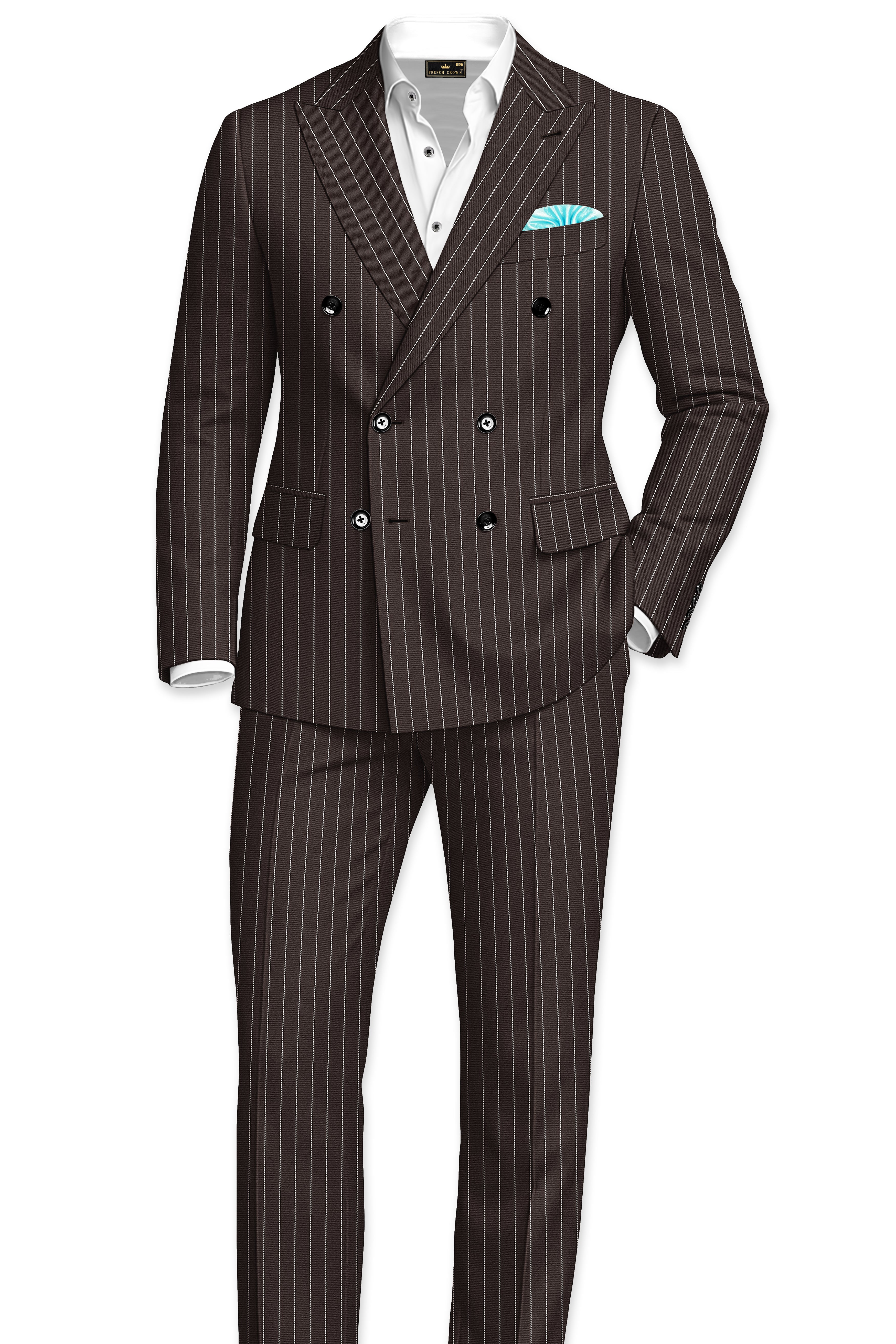 Sovereign-Umber Brown And Bright White Chalk Striped Wool Rich Slight Stretch Double Breasted Blazer