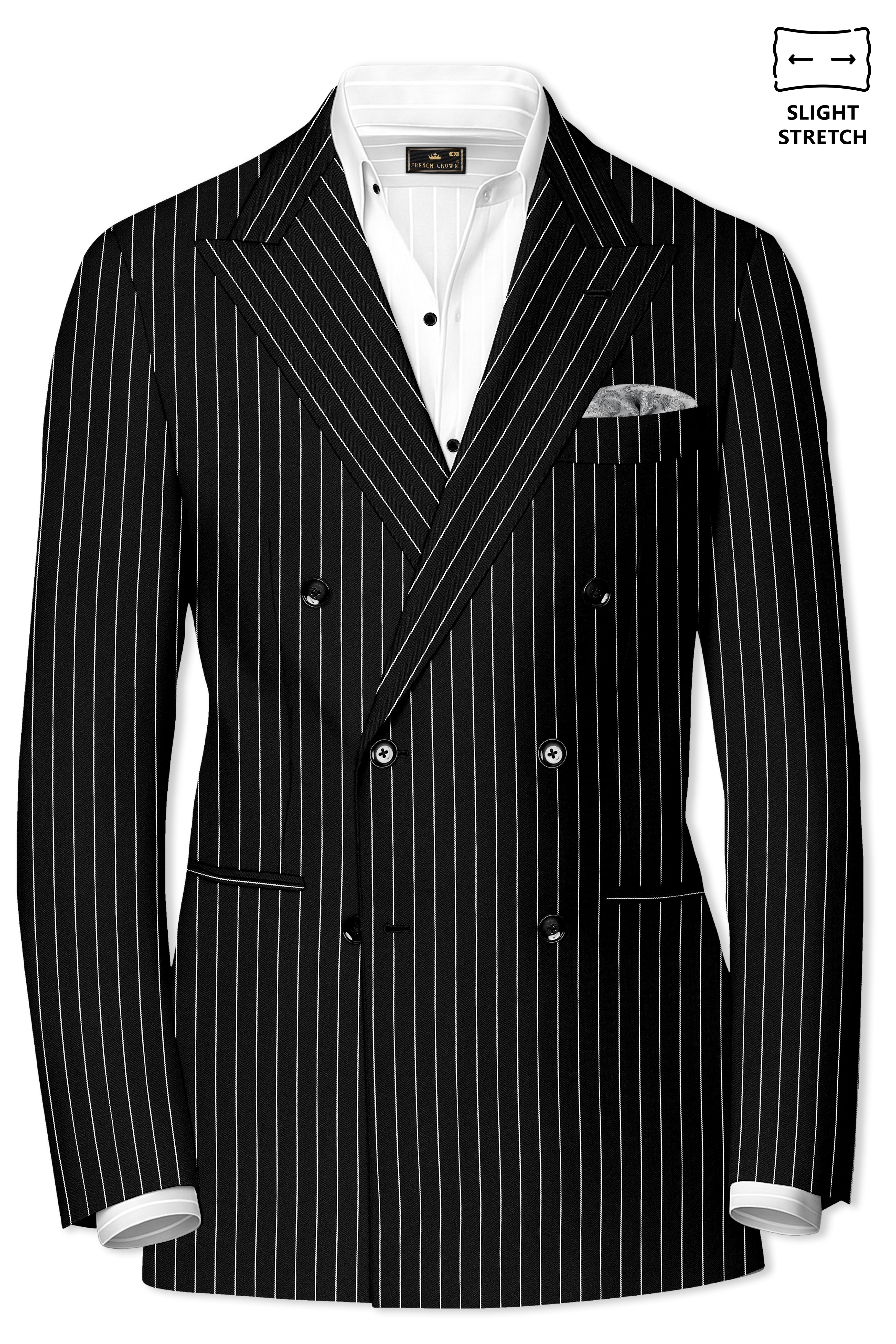 Noir-Jade Black Herringbone Striped Wool Rich Slight Stretch Double Breasted Blazer