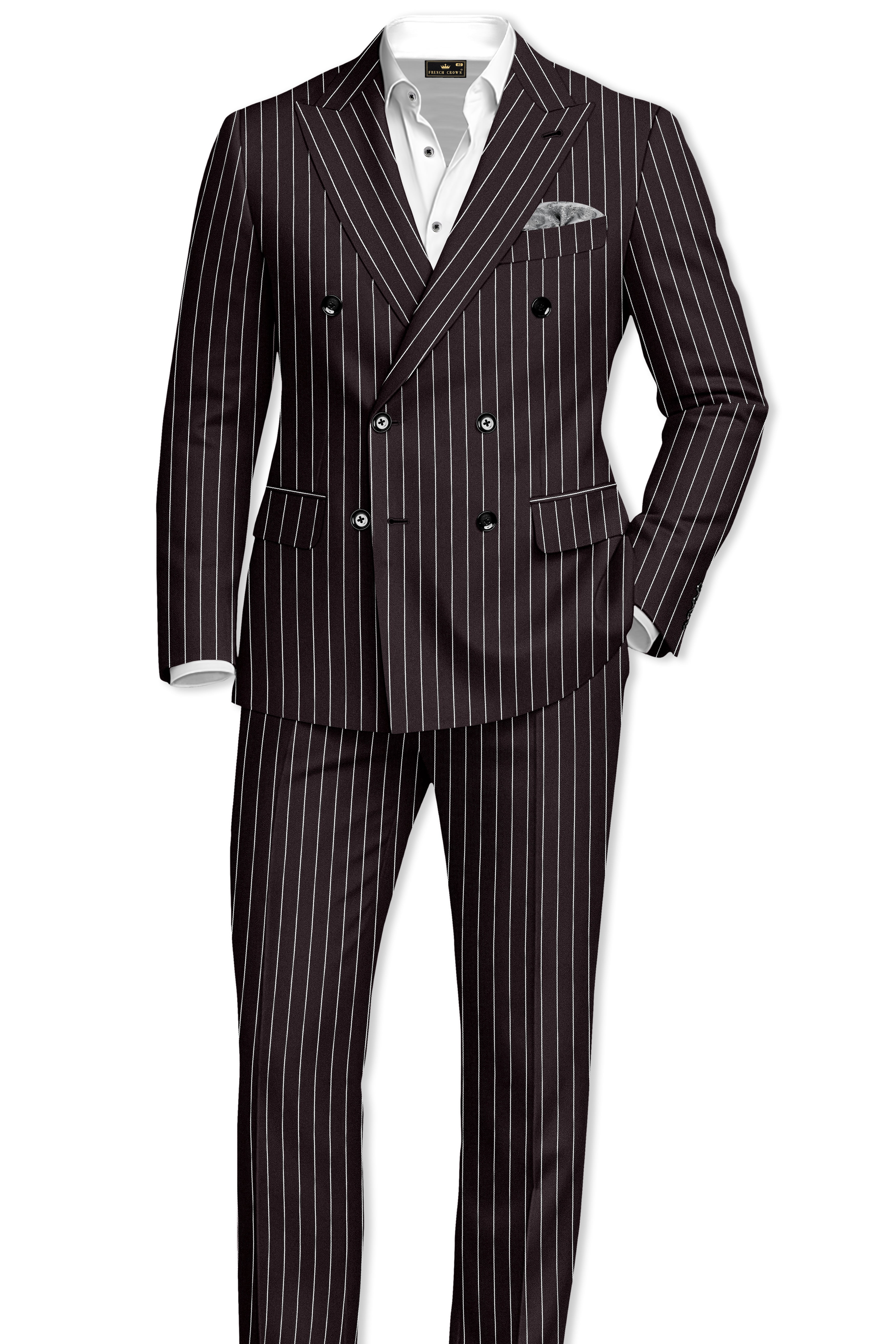 Volt-Thunder Brown Herringbone Striped Wool Rich Slight Stretch Double Breasted Blazer