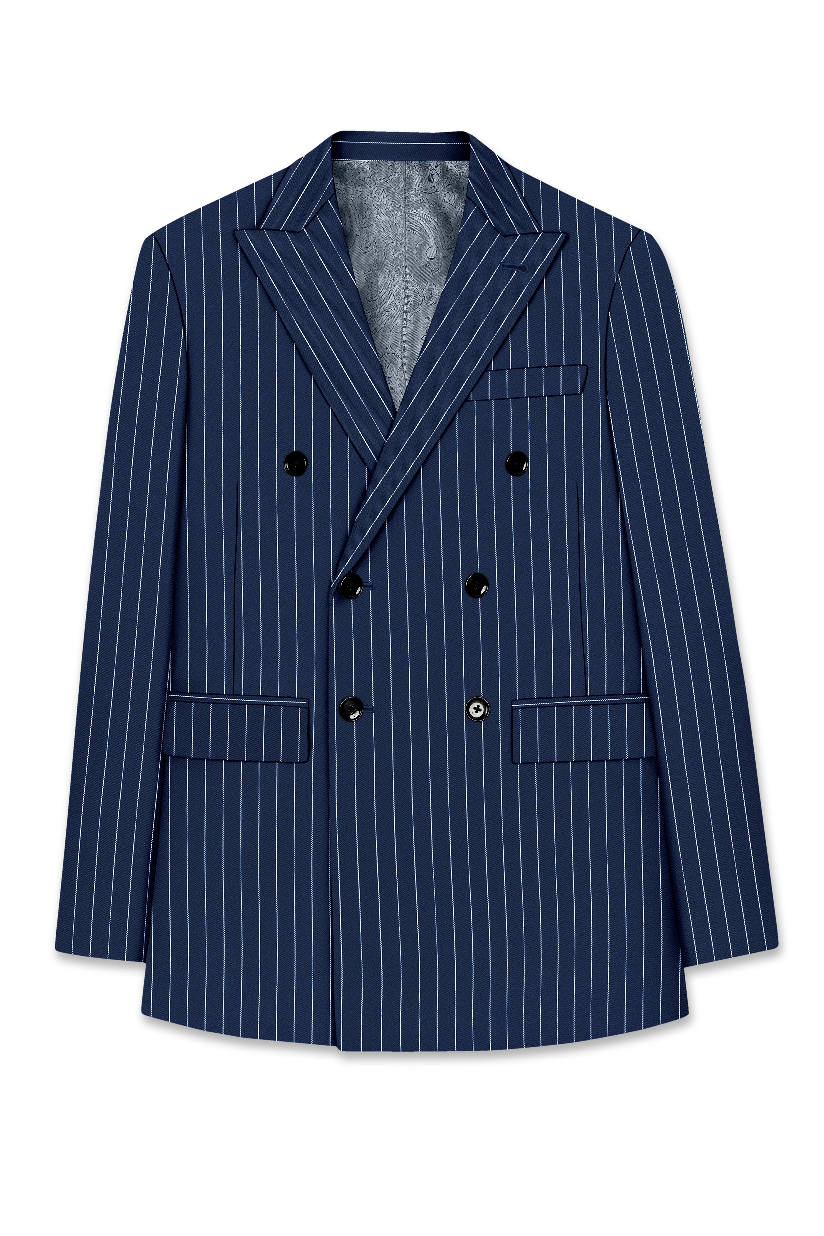 Astris-Space Blue Herringbone Striped Wool Rich Slight Stretch Double Breasted Blazer