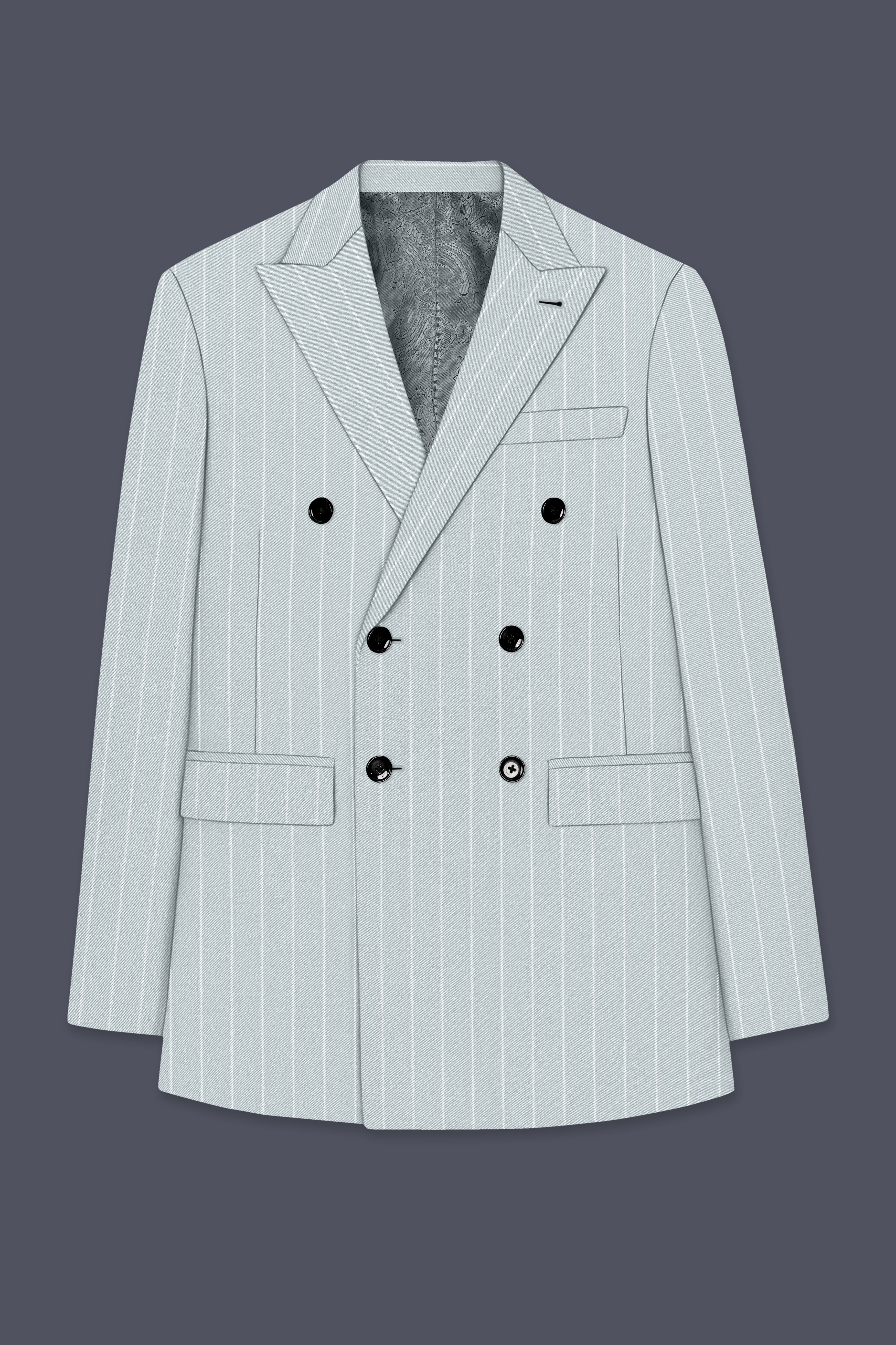 Slate-Tiara Gray And Bright White Chalk Striped Wool Rich Slight Stretch Double Breasted Blazer