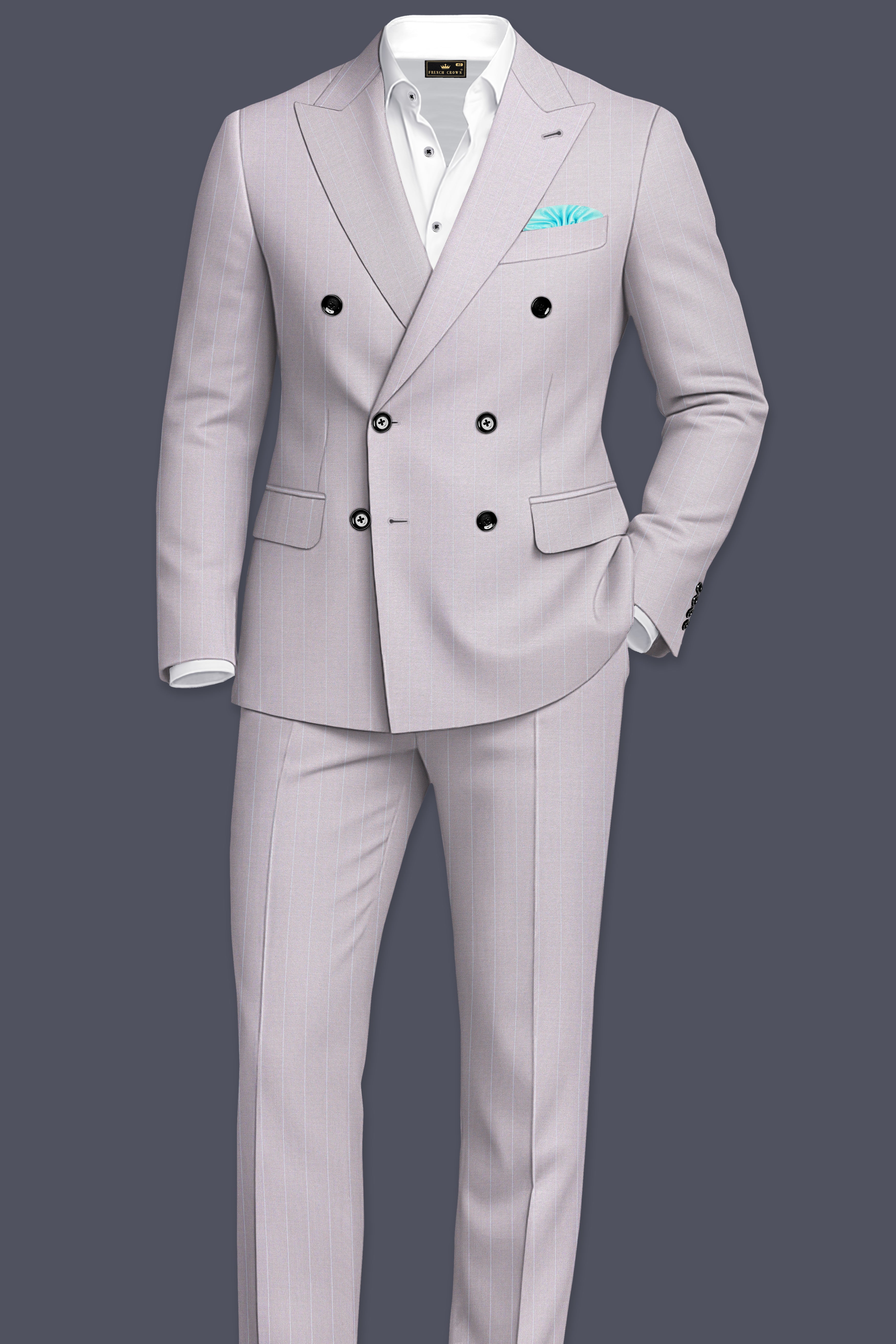 Roselle-Thistle Pink And Bright White Chalk Striped Wool Rich Slight Stretch Double Breasted Blazer
