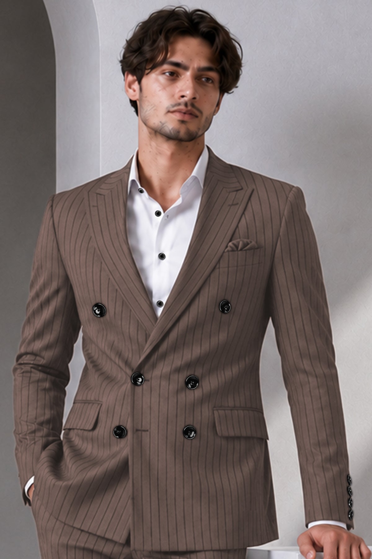 Obsidian-Fuscous Brown And Jade Black Chalk Striped Wool Rich Slight Stretch Double Breasted Blazer