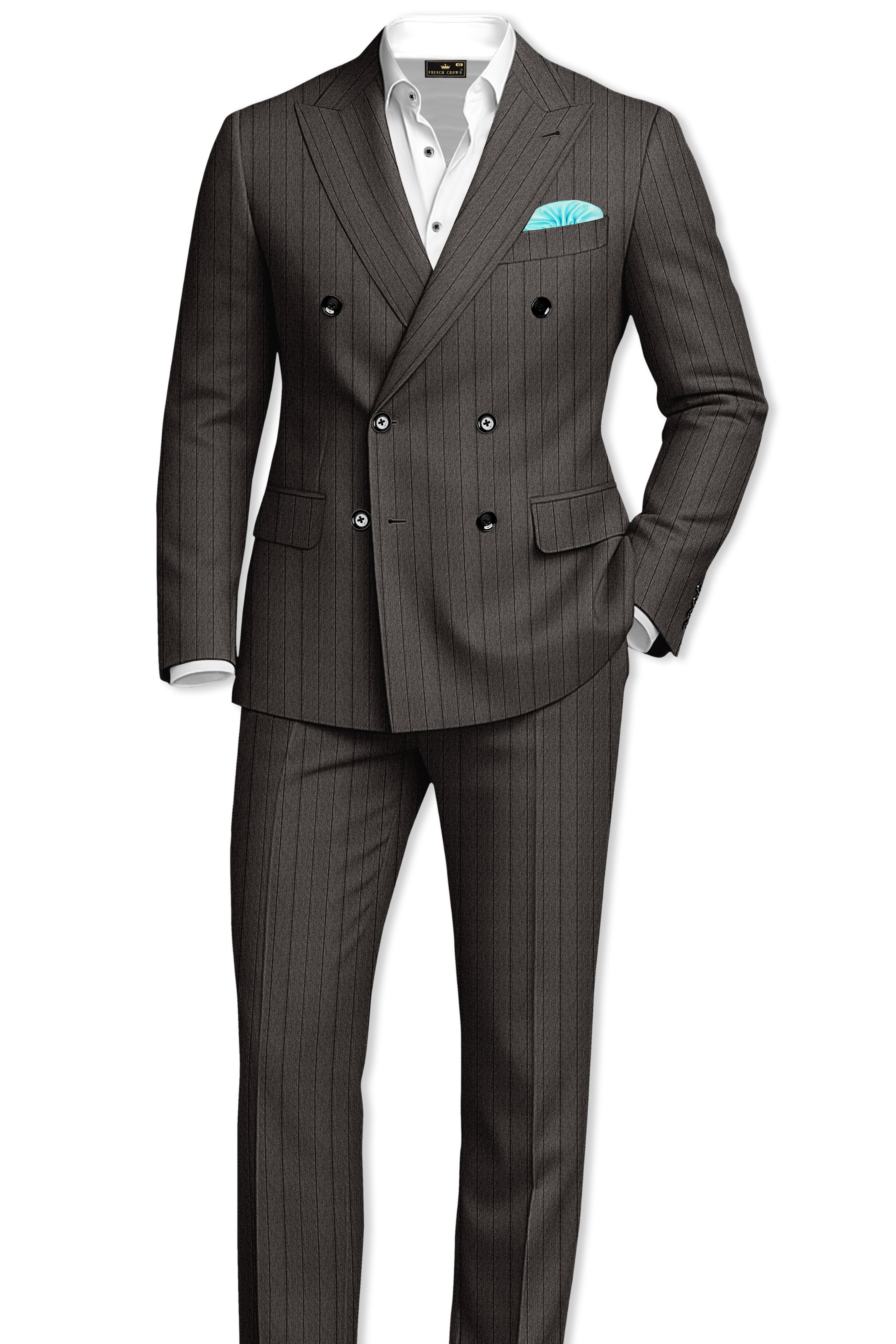 Heritage-Iridium Brown And Bright White Chalk Striped Wool Rich Slight Stretch Double Breasted Blazer
