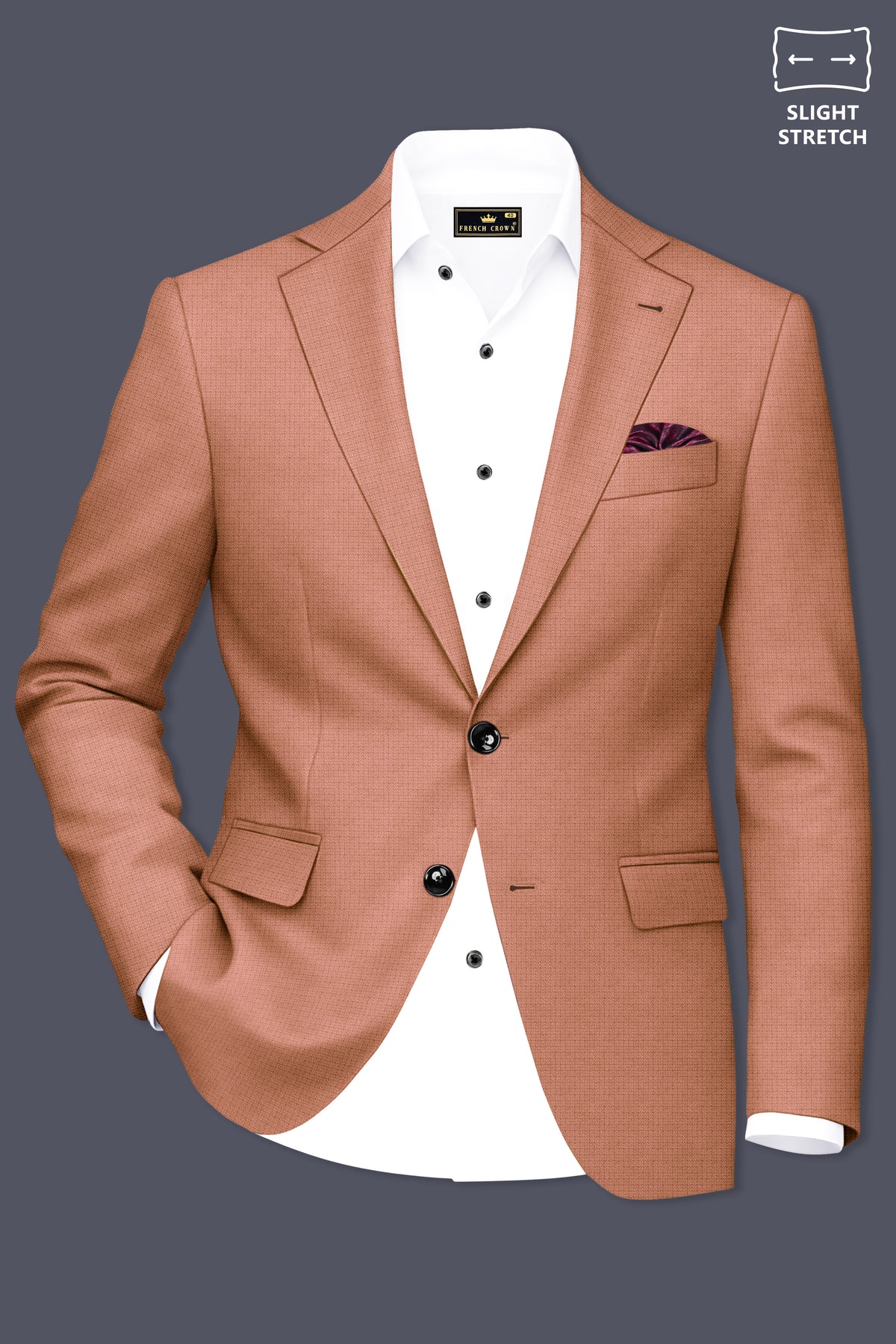 Terracotta-Salmon Brown Diamond Textured Wool Rich Slight Stretch Single Breasted Blazer