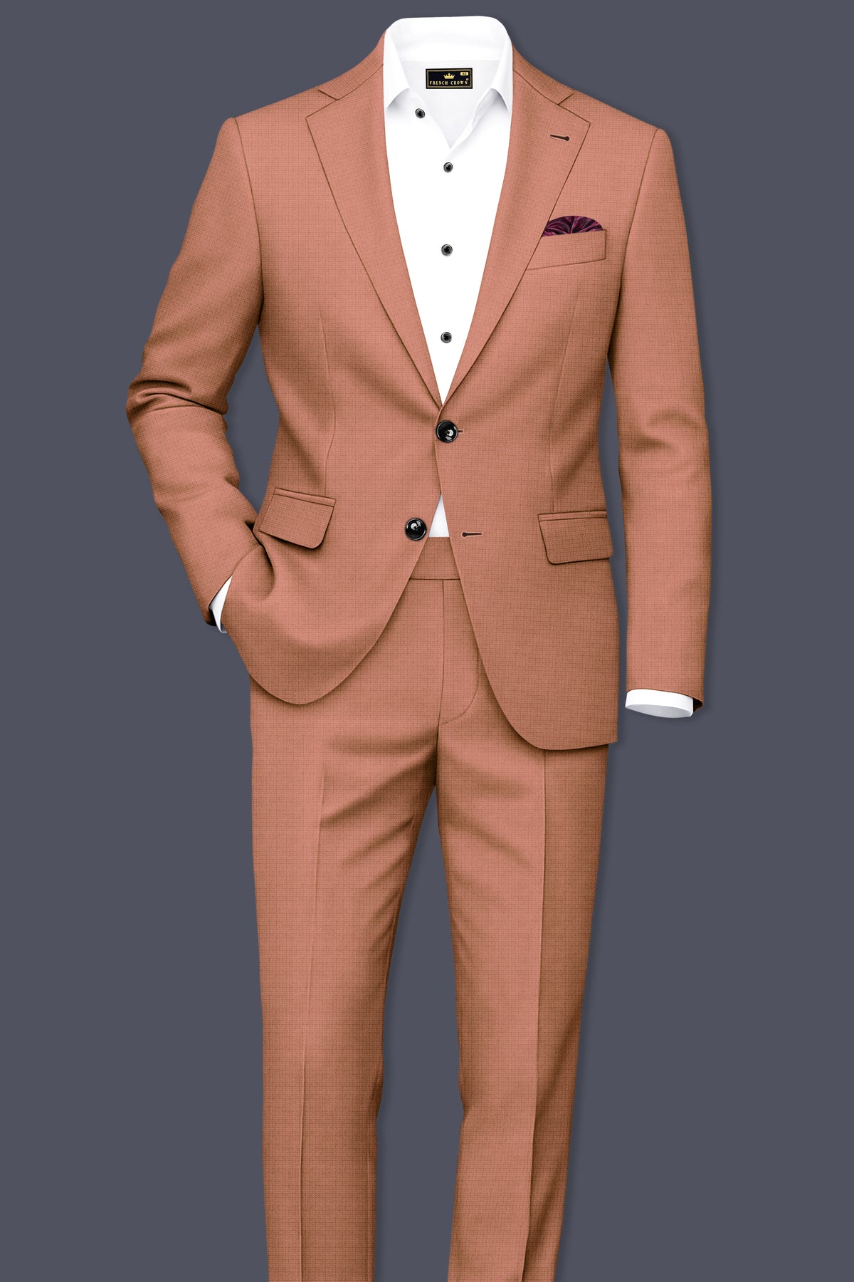 Terracotta-Salmon Brown Diamond Textured Wool Rich Slight Stretch Single Breasted Blazer