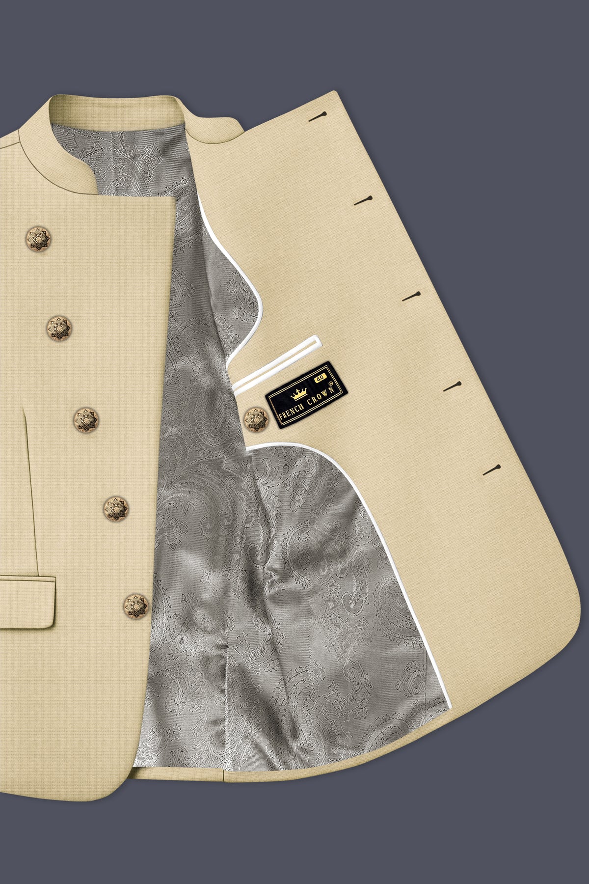 Alabaster-Vanilla Cream Diamond Textured Wool Rich Slight Stretch Cross Placket Bandhgala Blazer