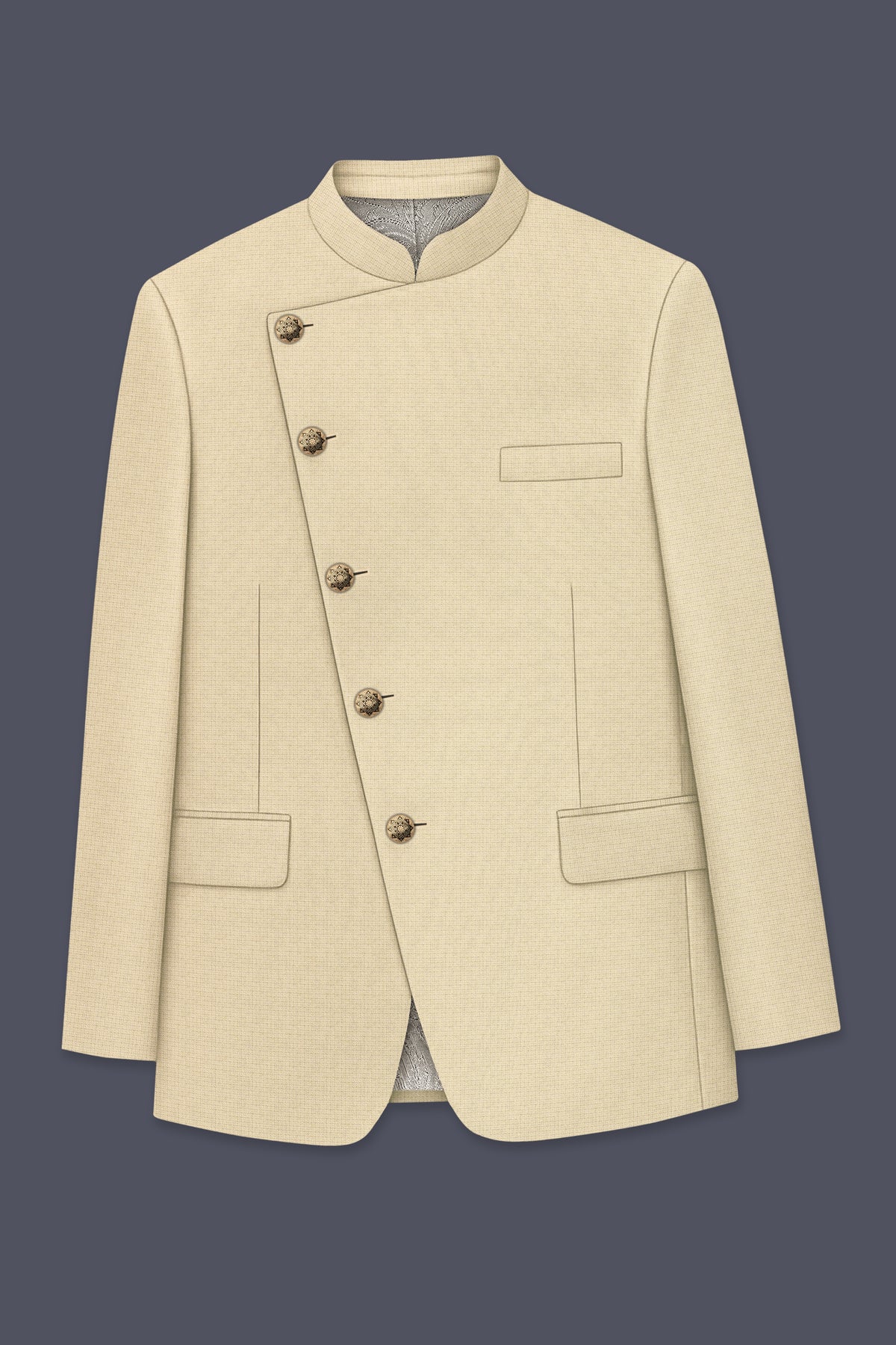 Alabaster-Vanilla Cream Diamond Textured Wool Rich Slight Stretch Cross Placket Bandhgala Blazer