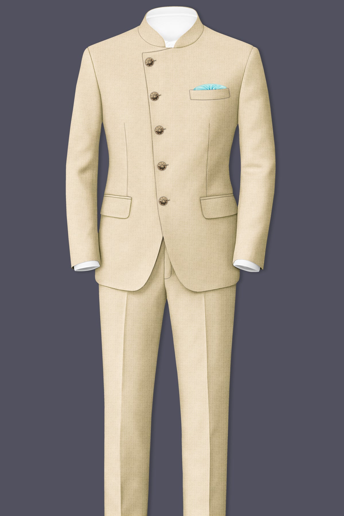 Alabaster-Vanilla Cream Diamond Textured Wool Rich Slight Stretch Cross Placket Bandhgala Blazer