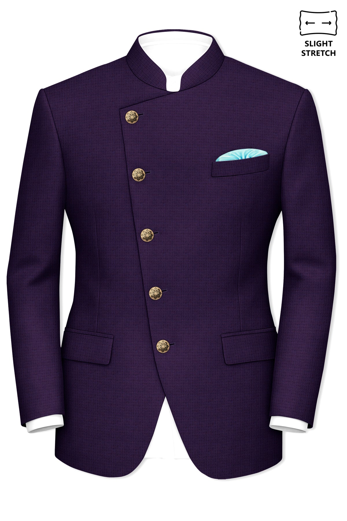 Mauve-Cedar Purple Diamond Textured Wool Rich Slight Stretch Cross Placket Bandhgala Blazer