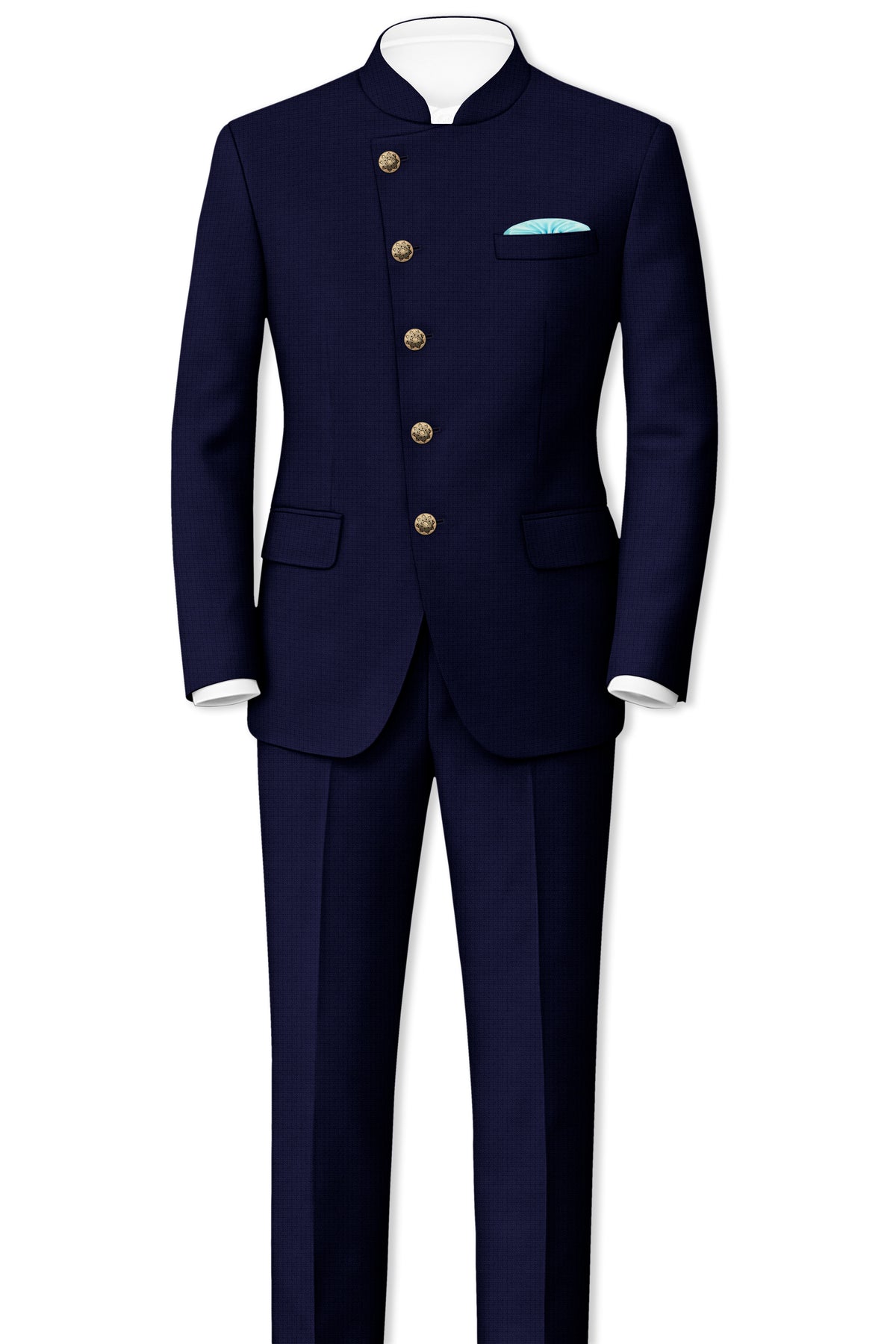 Sapphire-Haiti Blue Diamond Textured Wool Rich Slight Stretch Cross Placket Bandhgala Blazer