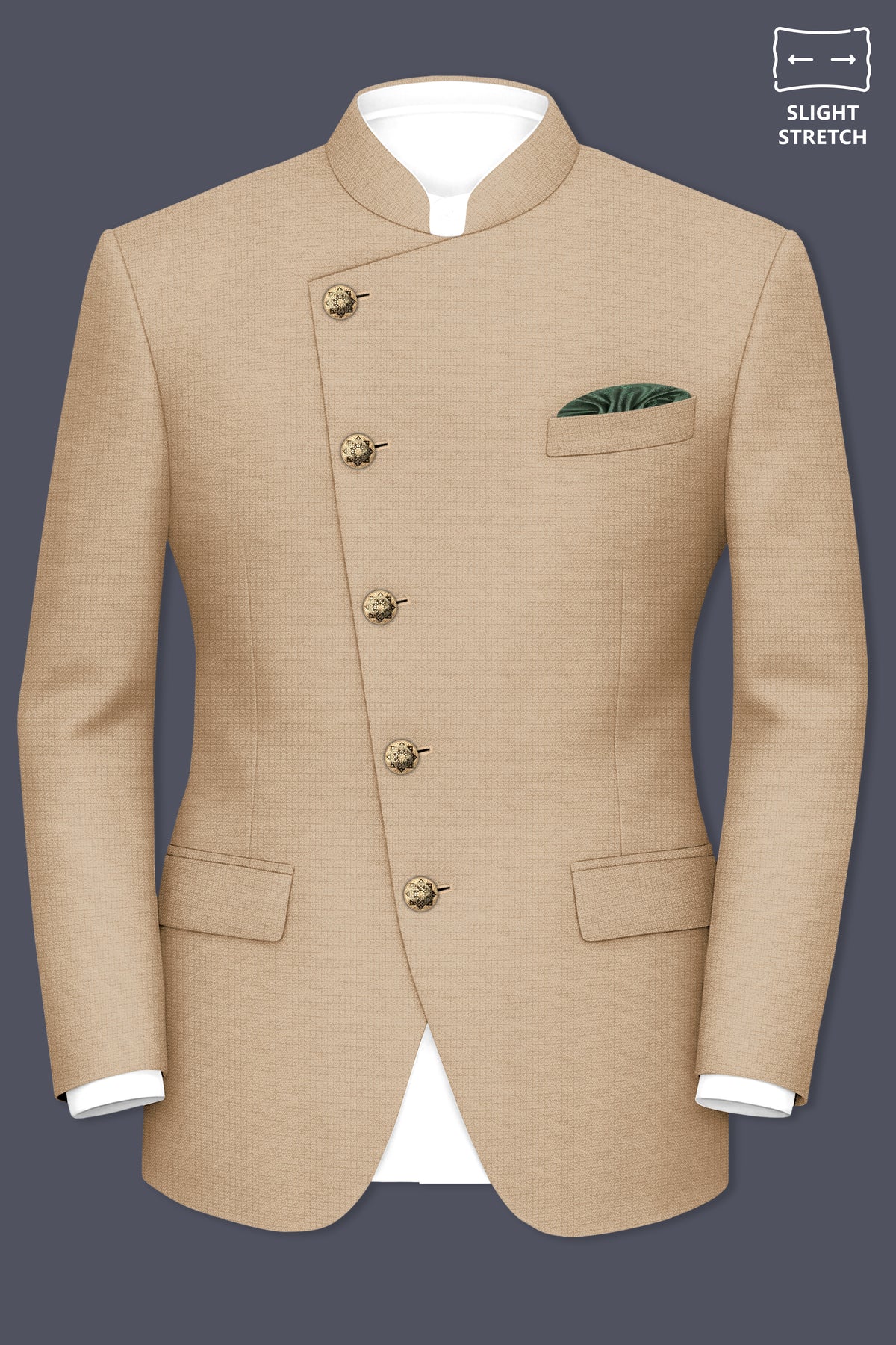 Mahogany-Pavlova Brown Diamond Textured Wool Rich Slight Stretch Cross Placket Bandhgala Blazer