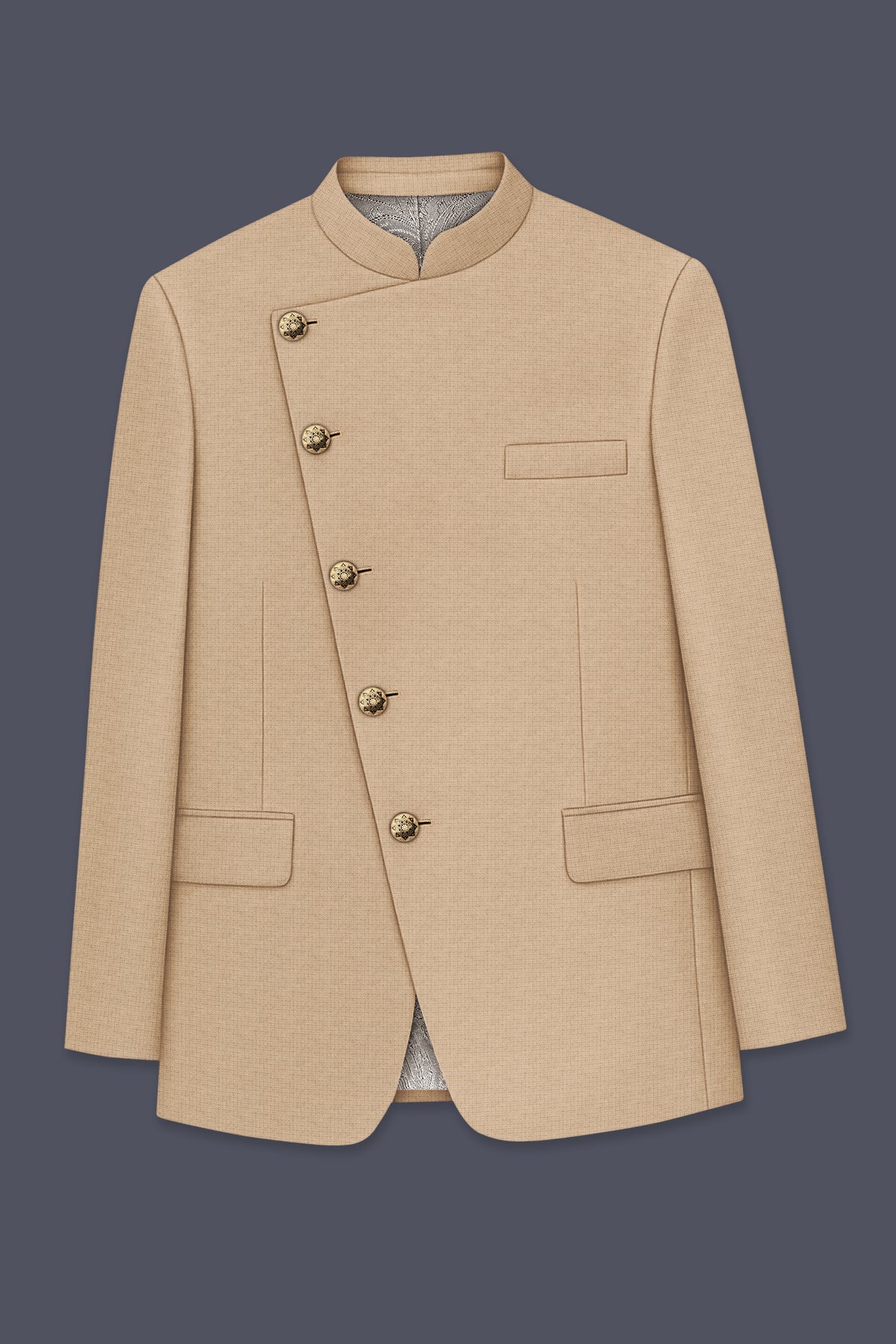 Mahogany-Pavlova Brown Diamond Textured Wool Rich Slight Stretch Cross Placket Bandhgala Blazer