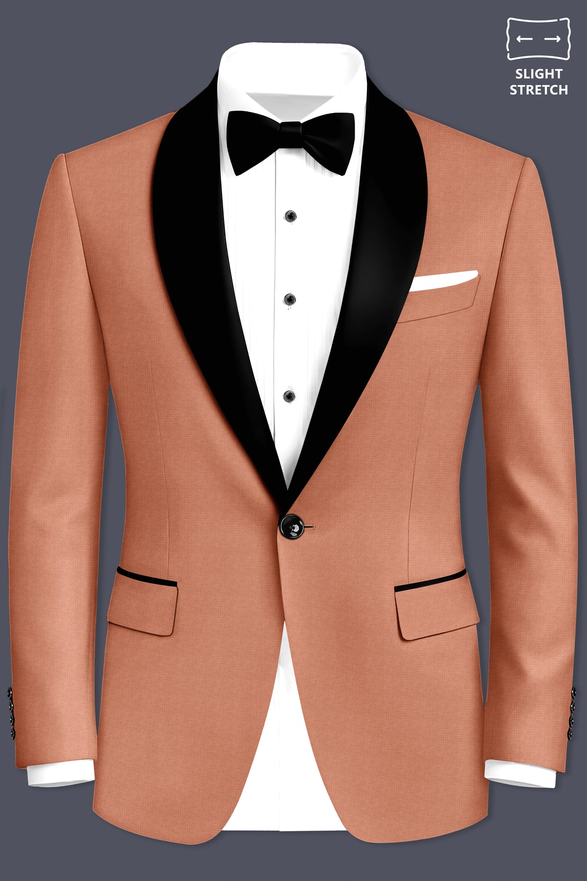Terracotta-Salmon Brown Diamond Textured Wool Rich Slight Stretch Tuxedo Blazer