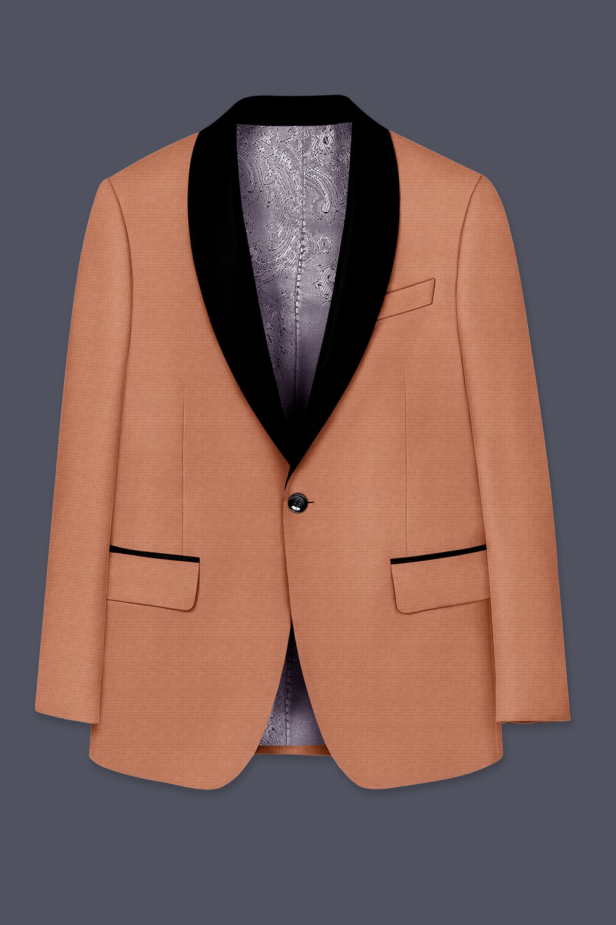 Terracotta-Salmon Brown Diamond Textured Wool Rich Slight Stretch Tuxedo Blazer